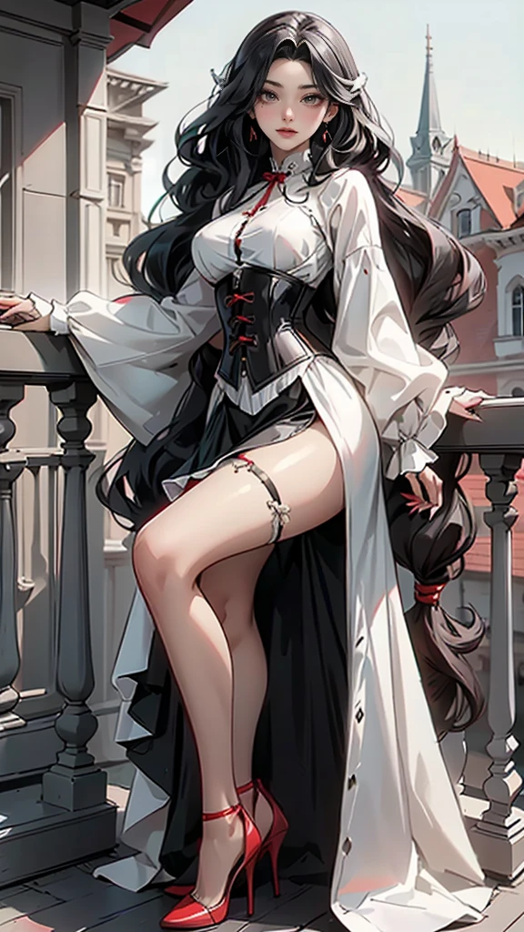 masterpiece, super detailed, precision art, beautiful young woman, 18 years old, waist length straight silky black hair, flawless pale white skin, beautiful blood red eyes, symmetrical face, sexy and beautiful but dangerous and deadly, staring into her eyes is as if you are being marked by a predator, thick and plump blood red lips, slender and athletic body, modest breasts, modest curves, small round ass, tall height(180cm), wearing elegant yet battle ready French maid uniform not showing excessive, thigh-high stockings and detached sleeves, hip level shot