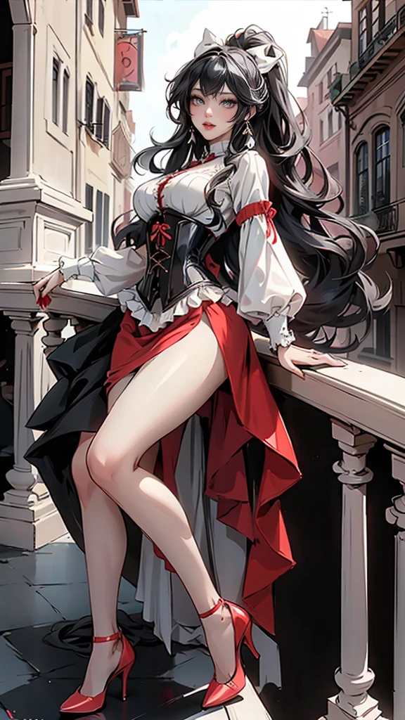 Araffe dressed as a snow White with a red bow and a red bow, Beautiful vampire queen, realistic role play, 《Adventure Treasure》Marceline, anime girl role play, 4K HD snow White hair, Beautiful vampire queen, snow White as a d &D Fighter, snow White, anime role play, role play, Vampire Camilla, Has long black hair, on the street,The clothes are torn,Large Breasts