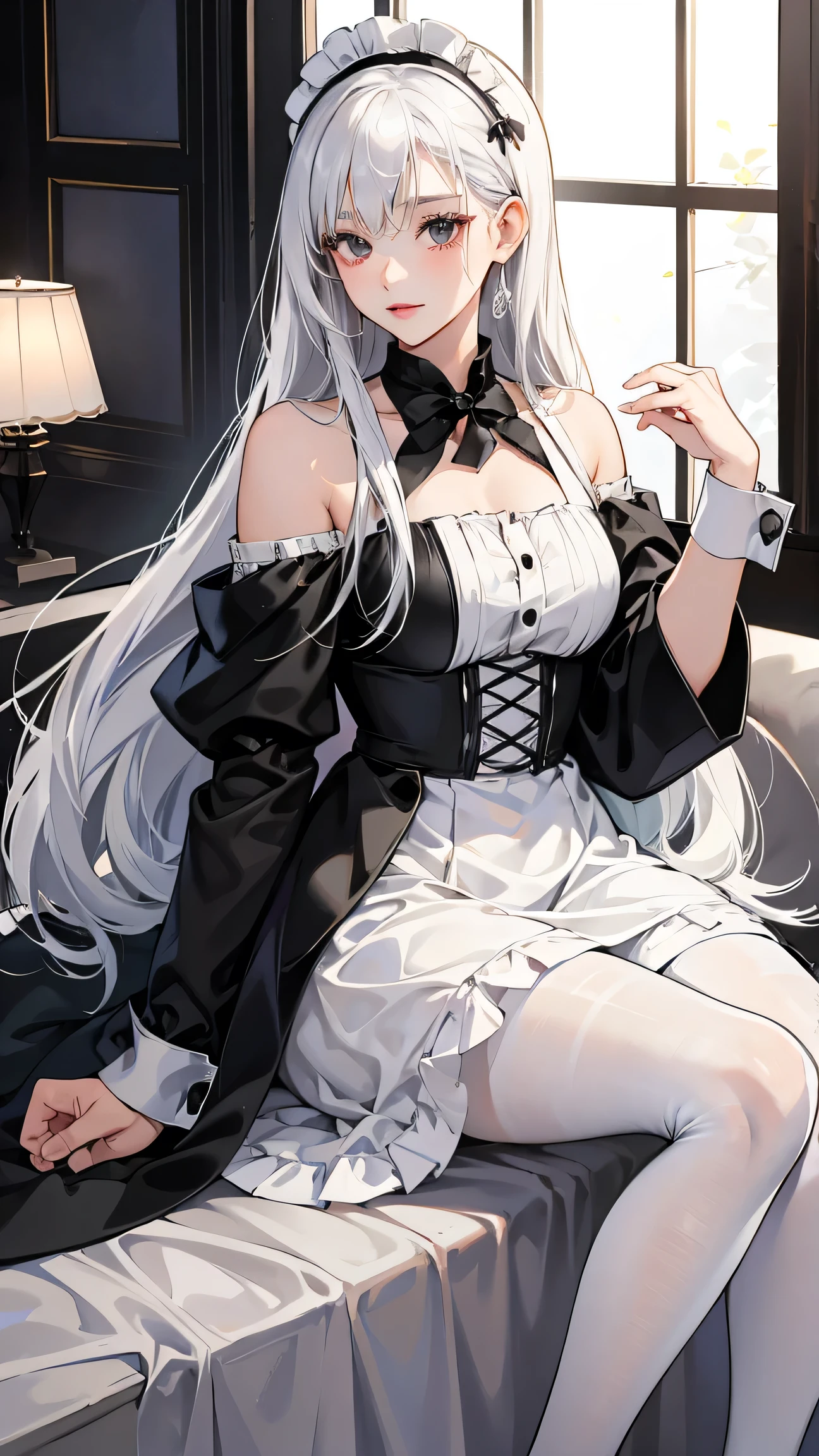 1girl, 30 years old, maid, white dress, off-the-shoulder, white hair, long hair, silver hair, black eyes, black pantyhose, sexy, seductive, black tie