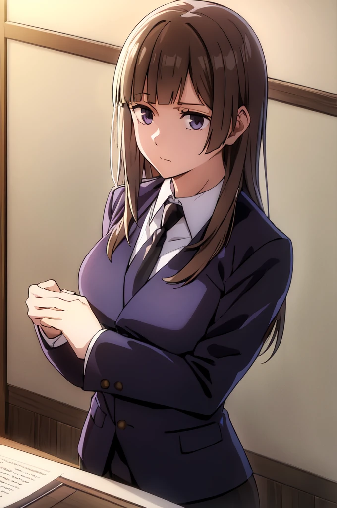 (extremely detailed CG unity 8k wallpaper),(masterpiece),(best quality),(ultra-detailed),(best illustration),(best shadow),(absurdres),  Kasumi, 1girl, solo,brown hair, necktie, long hair, lilac eyes, bangs, jacket, shirt, looking at viewer, formal, suit, white shirt, black necktie, blunt bangs, upper body, collared shirt, indoors, closed mouth, blazer, , long sleeves, straight hair, wing collar