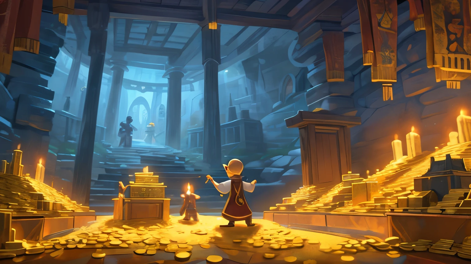 Cartoon，Animated paintings，Disney style，There is a tomb full of treasures, Inside the mysterious tomb，Treasure背景, gold and treasure,  Detailed game art illustration, Treasure pile, There are many gold coins, Treasure室,  Game assets, Treasure, Mobile game background, Stylized game art, background technology, Depicted as game concept art