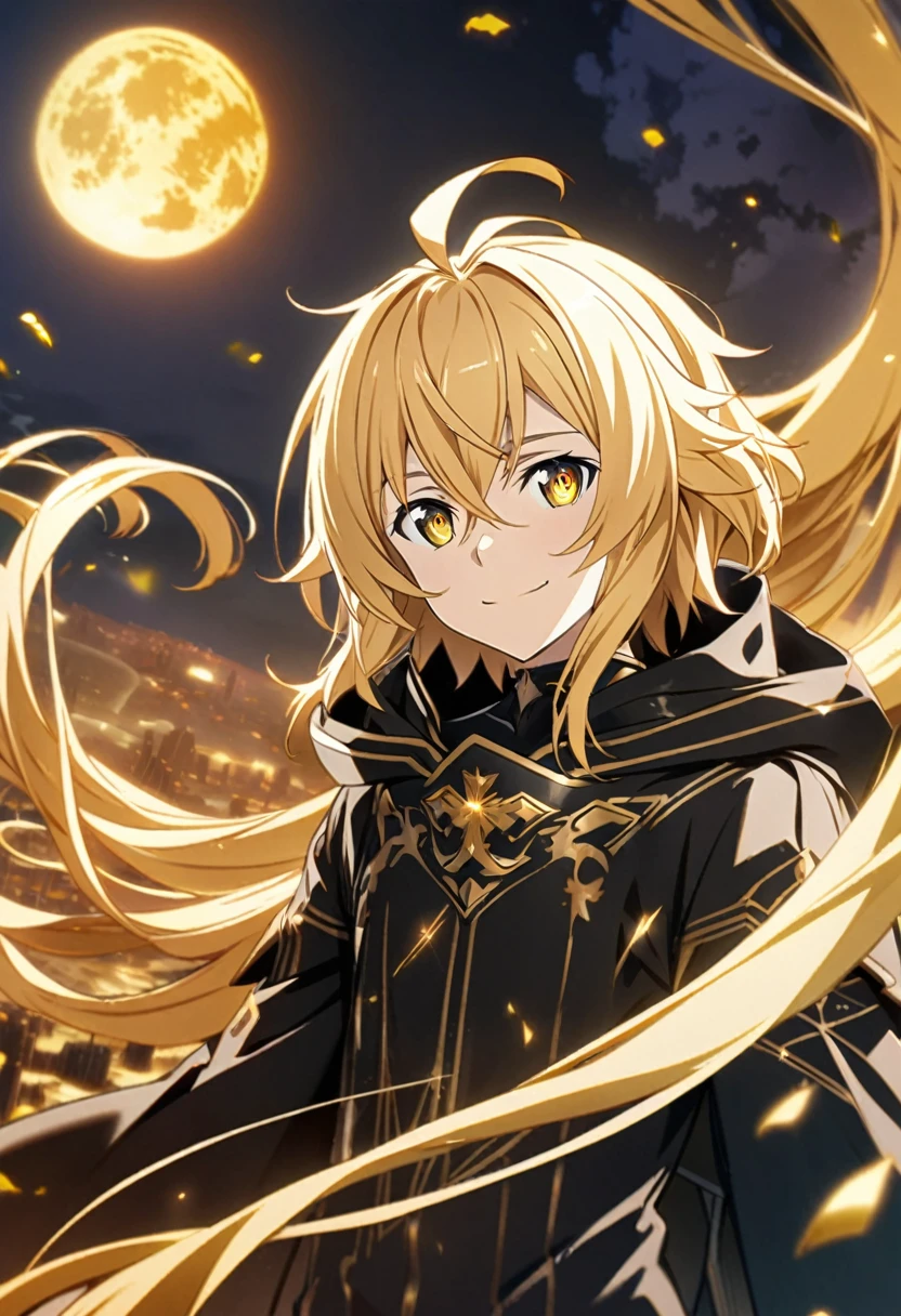 Hyakuya Mikaela \(Sword Art Online\), golden hair, glowing gold eyes:1.2, male, black angel costume, bangs, gentle smile, black fallen angel wings, ((ultra-detailed)), ((illustration)), ((flowing hair)), (beautiful detailed eyes), male, 1boy, flying, ((gold moon)), looking at viewer