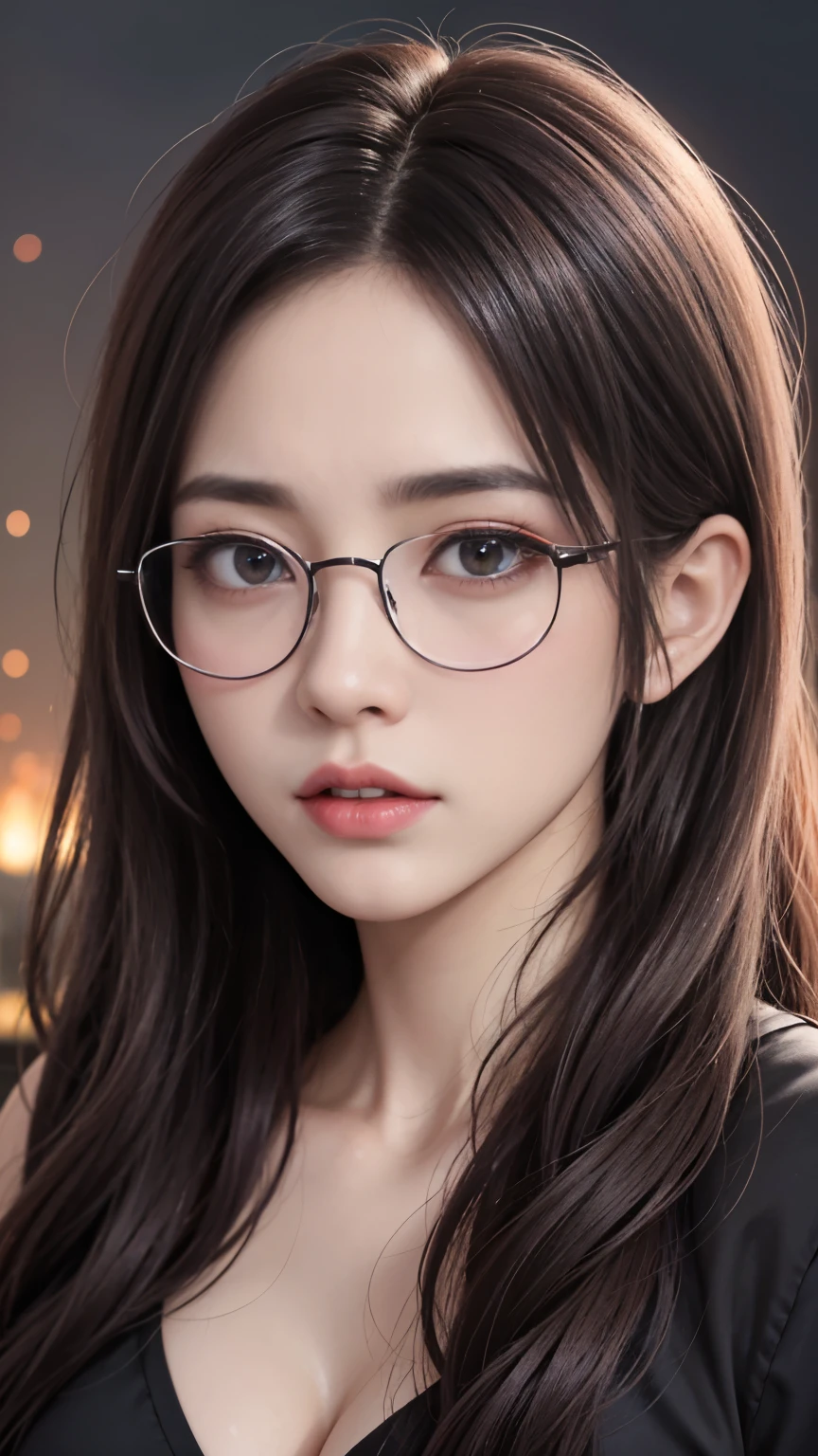 background（Black Night Sky，Big Moon），Woman close up，Wearing a white shirt、Purple Hair，Very long hair，very thick braids，Purple eyes，big 、((((Glasses))))、 realistic girl rendering, 8k artistic german bokeh, Enchanting girl, Realistic girl, Gurwitz, Gurwitz-style artwork, Girl Roleplay, Realistic 3D style, cgstation Popular Topics,, 8K Portrait Rendering,（Faithfulness，Faithfulness：1.4），Wear pink pajamas，巨big ，Sparkling eyes，Purple eyes、(highest quality,4K,8k,High resolution,masterpiece:1.2),Very detailed,(Realistic,photoRealistic,photo-Realistic:1.37),Mythical monster,Beast-like creature,Muscular,Six big legs,Stand like a gorilla,Red fur covering the body,two big horns,Boar tusk,Sharp Claws,huge shape,Burning Fire Magic,Energy aura,A menacing presence,Glowing Eyes,Intimidating posture,Dark Environment,Smoke-filled air,Ominous Shadow,Majestic and fierce,Explosive power,Vibrant colors,Bold,Horror art style,Dynamic configuration,Dramatic lighting,Muscle layers,large sharp teeth,Sharp Edges,Very detailedスケール,Fiery Crack,Burning Flames,Ferocious look,Burning with anger,Surrounded by sparks and embers