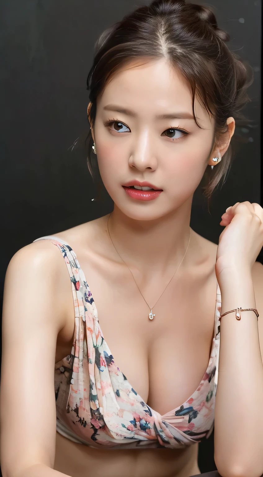 (Elegant floral micro bikini, No bra, Nipples, Lower Body:1.5),
((40 years old, Elegant beautiful female announcer, Sexy body, Naughty older sister:1.2)),
((She looks like she wants to be kissed.:1.2)),
((I love you?, I want to kiss you?, I want to fuck you?, cheat with me?:1.2)),
((Where are you touching? You're so naughty.!,Your dick is getting hard,You were thinking about something naughty:1.2)),
((Come closer to me, kiss my chest, If you touch me that much I'll feel it:1.2)),
((Stylish night pool, Black Wall, Complete darkness, The night view is visible in the distance:1.2)),
((Sitting on a chair by the pool)),
Eye focus, Narrow shoulders, Beautiful clavicle, Long, slender legs, The back of the hand is beautiful and feminine,
Slender figure, A soft belly, Thin waist,
Ultra detailed face, Ultra detailed breasts, Ultra-detailed skin, Fair skin, Glossy Skin,
Slim face contour, Beautiful small face, Beautiful straight nose,
Ultra-detailed eyes, Slit eyes, Brown eyes, double eyelid, Beautiful thin eyebrows, Thin, long eyelashes,
Ultra-detailed lips, Fuller lips, Glossy pink lips, Flushed Cheeks, White teeth,
Beautiful actress's languid make-up, Pink lipstick,
Dark Brown Hair, Delicate soft hair,
(Put your hair up, Medium Short Hair, Layered:1.2), (Blunt bangs:1.2),
(Stylish looking earrings,necklace,bracelet:1.2),
((Squinting)),
((pursing lips)),
((Blushing)),
