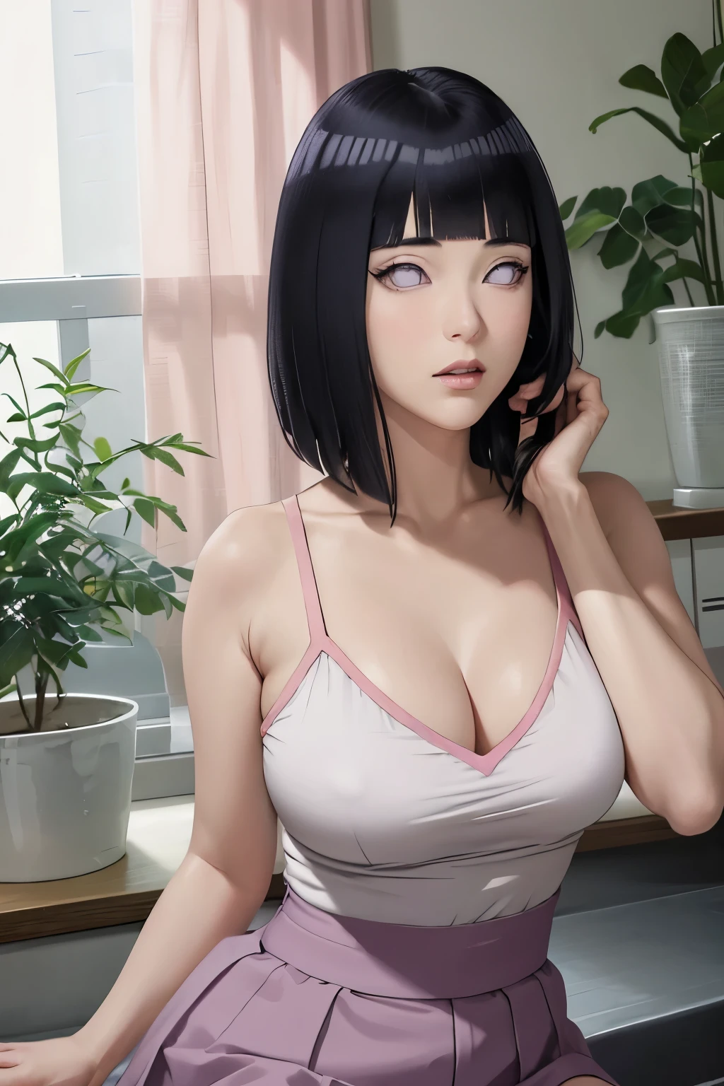 masterpiece, absurdres, hinata\(boruto\), 1girl, solo,mature female, high waist short skirt, looking at viewer, perfect composition, detailed lips, big breast, beautiful face, body propotion, blush, (pink lips), long hair, purple eyes, soft gaze, super realistic, detailed, photoshoot, realistic face and body,