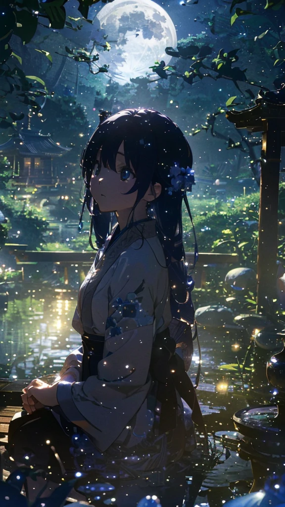 (official art、highest quality、Unity 8k wallpaper、masterpiece、super detailed、超A high resolution:1.2)、(Super detailed and complex 3D rendering)、Detailed beautiful face and eyes、Slender、medium bust、(full body:1.2)、(side shot、Looking up at the moon、look away:1.2)、fireflies are flying、(Mysteriouoon Light)、beautiful face、blurred background、beautiful girl、Japanese garden、cowboy shot、sitting in veranda、A full moon in the sky、moon