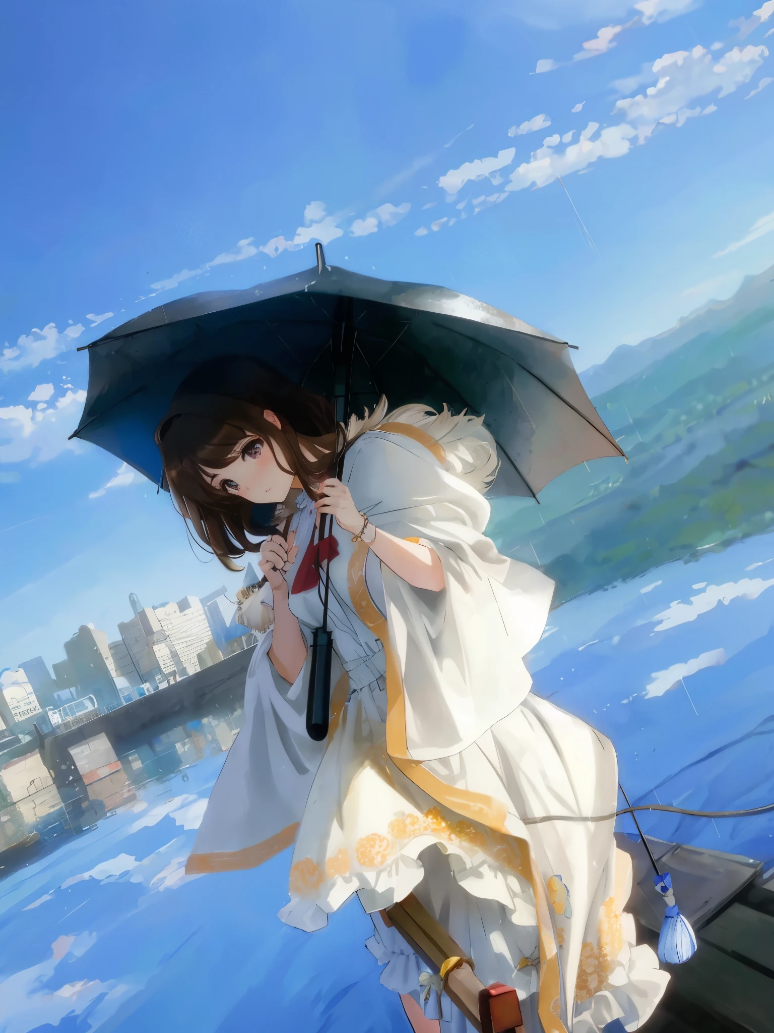 (brown hair swept bangs:1.3), araffe woman in a white dress holding an umbrella on a roof, an umbrella top, holding a umbrella, holding an umbrella, umbrella, holding umbrella, anime style mixed with fujifilm, by Shinoda Toko, daytime ethereal anime, [ realistic photo ]!!, by Kentaro Miura, very low angle photograph, parasol, photorealistic anime, raining!!