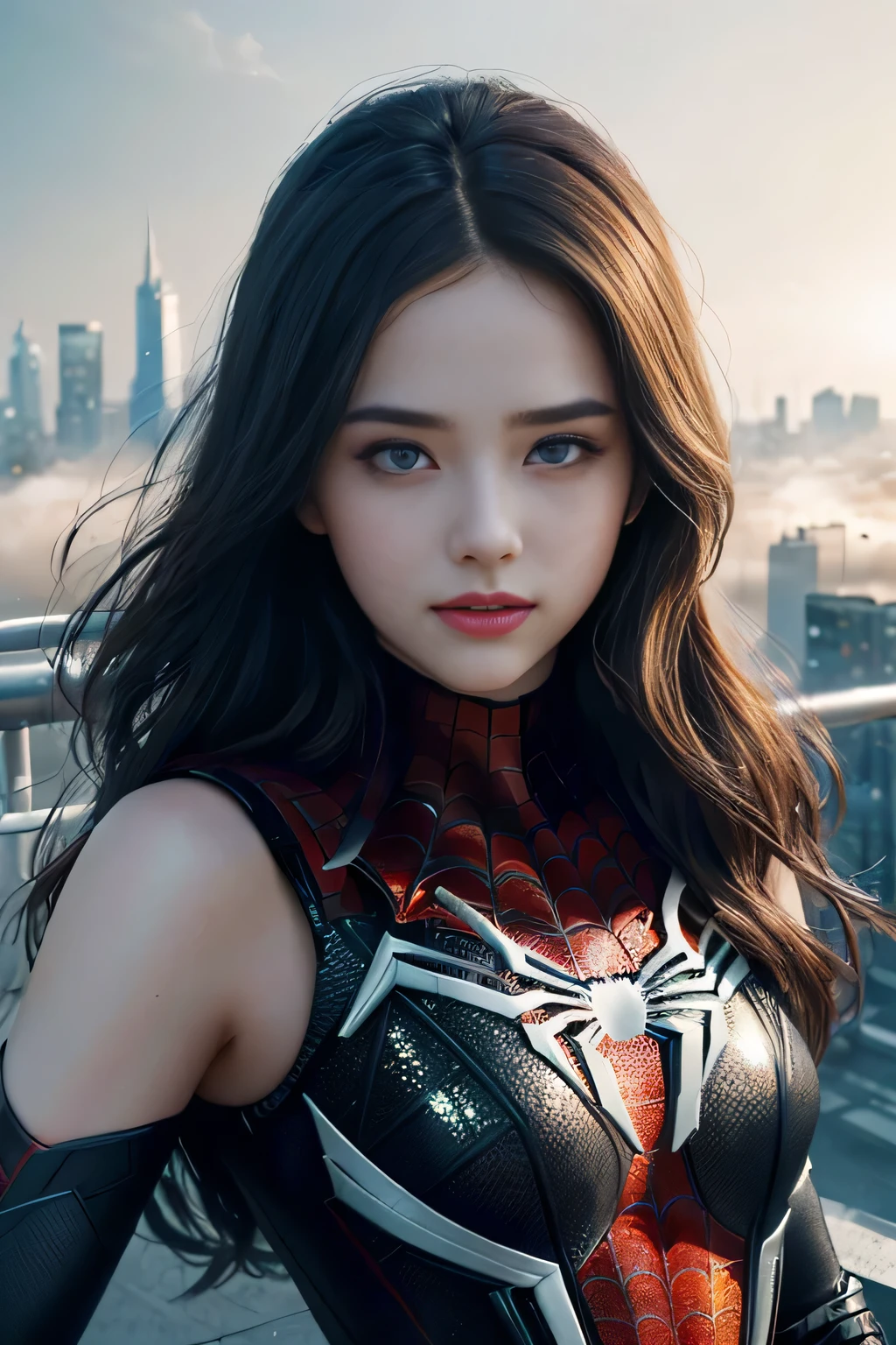 (1girl:1.3), Solo, (((Very detailed face)))), ((Very detailed eyes and face)))), Beautiful detail eyes, Body parts__, Official art, Unified 8k wallpaper, Super detailed, beautiful and beautiful, beautiful, masterpiece, best quality, original, masterpiece, super fine photo, best quality, super high resolution, realistic realism, sunlight, full body portrait, amazing beauty, dynamic pose, delicate face, vibrant eyes, (from the front), She wears Spider-Man suit, red and black color scheme, spider, very detailed city roof background, rooftop, overlooking the city, detailed face, detailed complex busy background, messy, gorgeous, milky white, highly detailed skin, realistic skin details, visible pores, clear focus, volumetric fog, 8k uhd, DSLR, high quality, film grain, fair skin, photo realism, lomography, futuristic dystopian megalopolis, translucent