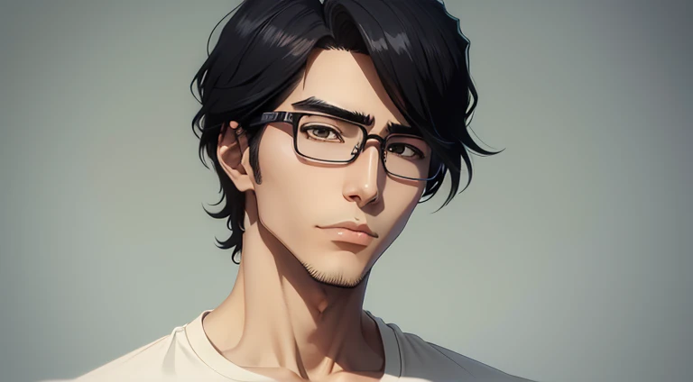 Anime young man with black hair and glasses in a white shirt looking at the camera