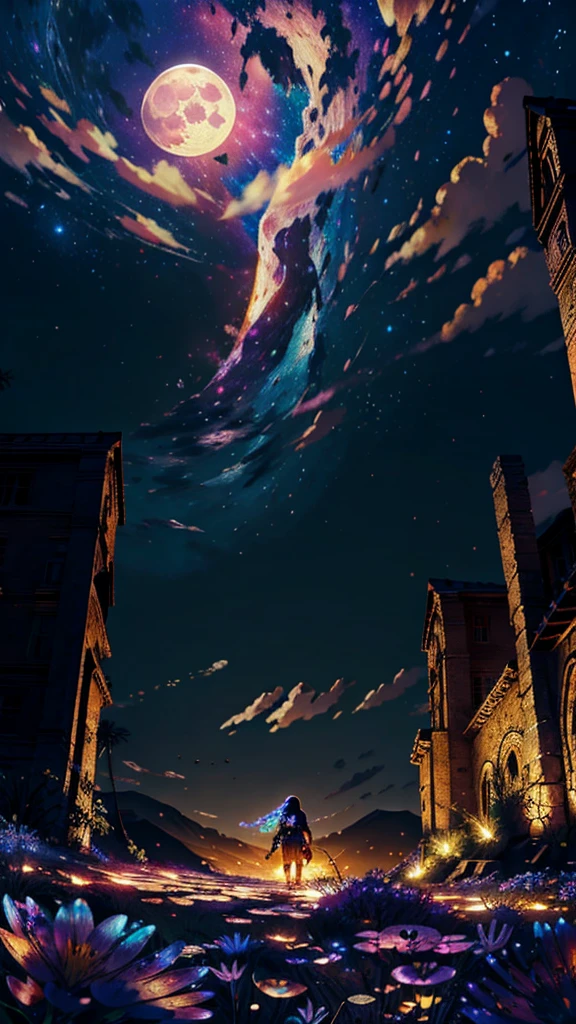 expansive landscape photograph , (a view from below that shows sky above and open field below), a girl standing on flower field looking up, (full moon:1.2), ( shooting stars:0.9), (nebula:1.3), distant mountain, tree BREAK
production art, (warm light source:1.2), (Firefly:1.2), lamp, lot of purple and orange, intricate details, volumetric lighting BREAK
(masterpiece:1.2), (best quality), 4k, ultra-detailed, (dynamic composition:1.4), highly detailed, colorful details,( iridescent colors:1.2), (glowing lighting, atmospheric lighting), dreamy, magical, (