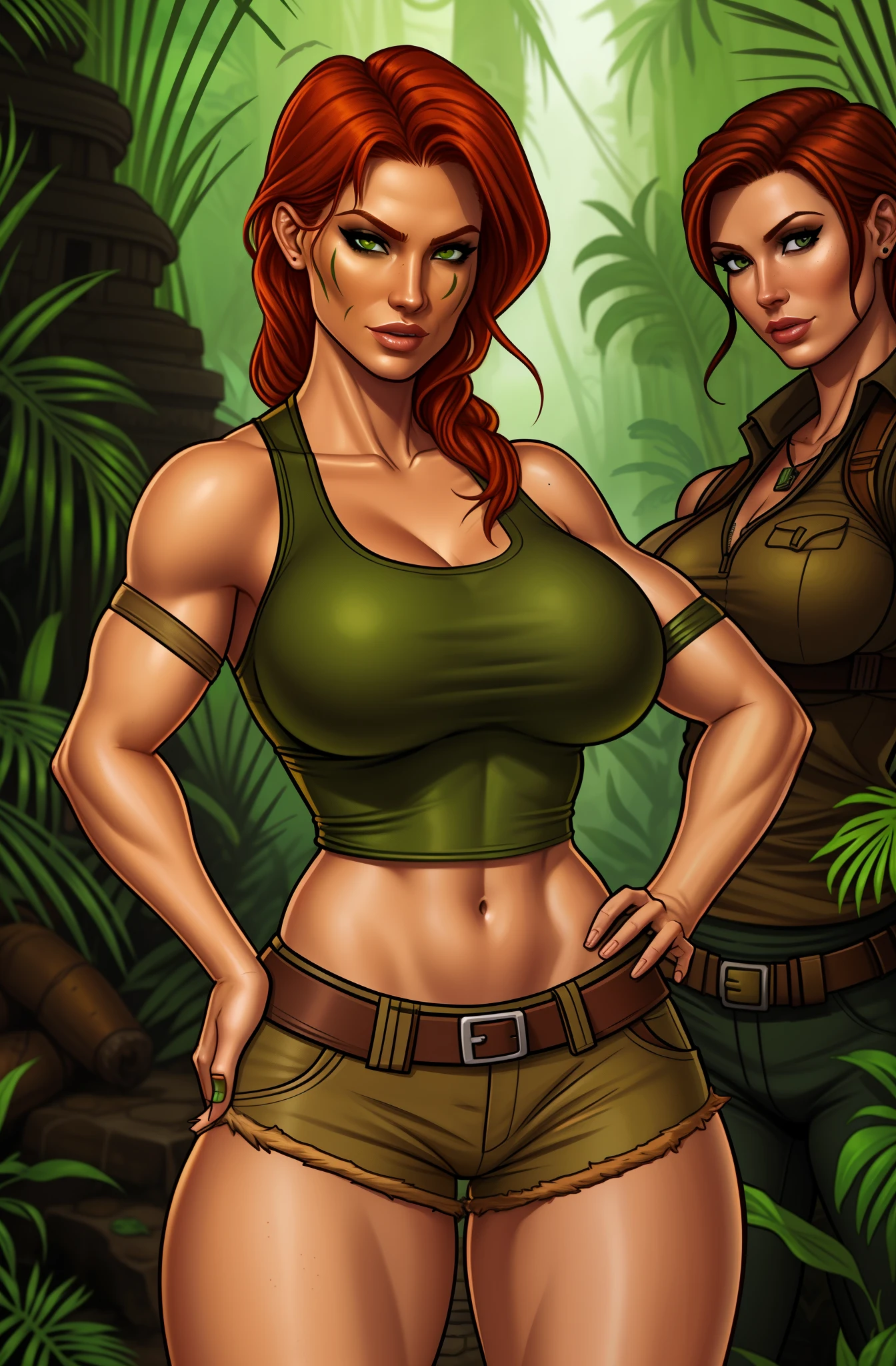 Jennifer Korbin, ginger hair, cosplaying lara croft, tan shorts, green top, jungle temple,