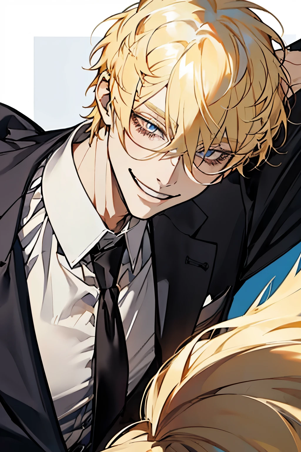 Male with short fluffy blonde hair, aldult, Man tilts his head back, smile, tooth, Put one hand behind your head, Open your mouth, Smug eyes, cool illustration, suit, sunglasses, Face close-up