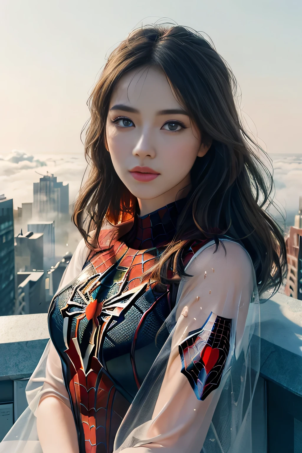 (1girl:1.3), Solo, (((Very detailed face)))), ((Very detailed eyes and face)))), Beautiful detail eyes, Body parts__, Official art, Unified 8k wallpaper, Super detailed, beautiful and beautiful, beautiful, masterpiece, best quality, original, masterpiece, super fine photo, best quality, super high resolution, realistic realism, sunlight, full body portrait, amazing beauty, dynamic pose, delicate face, vibrant eyes, (from the front), She wears Spider-Man suit, red and black color scheme, spider, very detailed city roof background, rooftop, overlooking the city, detailed face, detailed complex busy background, messy, gorgeous, milky white, highly detailed skin, realistic skin details, visible pores, clear focus, volumetric fog, 8k uhd, DSLR, high quality, film grain, fair skin, photo realism, lomography, futuristic dystopian megalopolis, translucent