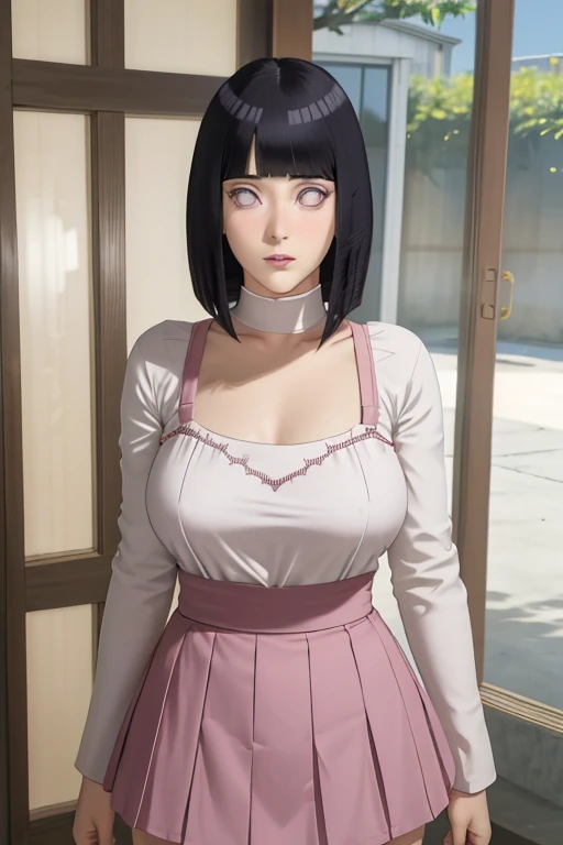 masterpiece, absurdres, hinata\(boruto\), 1girl, solo,mature female, high waist short skirt, looking at viewer, perfect composition, detailed lips, big breast, beautiful face, body propotion, blush, (pink lips), long hair,  purple eyes,  soft gaze,  super realistic, detailed, photoshoot, realistic face and body,