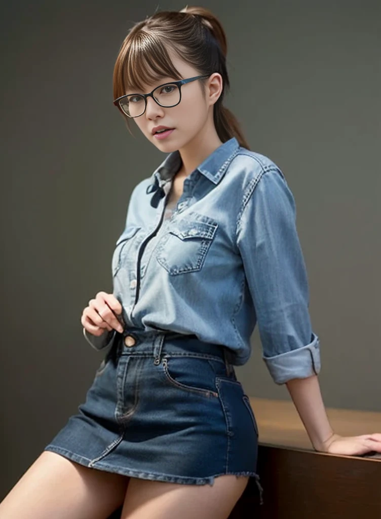 Japanese woman, 8k, masterpiece, highest quality, Super detailed, textured skin, 1girl, solo, sexy pose, short ponytail, low ponytail, bangs, red-framed glasses, denim skirt, simple background, lifting her skirt to show her panties,
