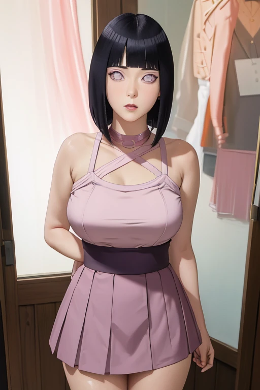 masterpiece, absurdres, hinata\(boruto\), 1girl, solo,mature female, high waist short skirt, looking at viewer, perfect composition, detailed lips, big breast, beautiful face, body propotion, blush, (pink lips), long hair, purple eyes, soft gaze, super realistic, detailed, photoshoot, realistic face and body,