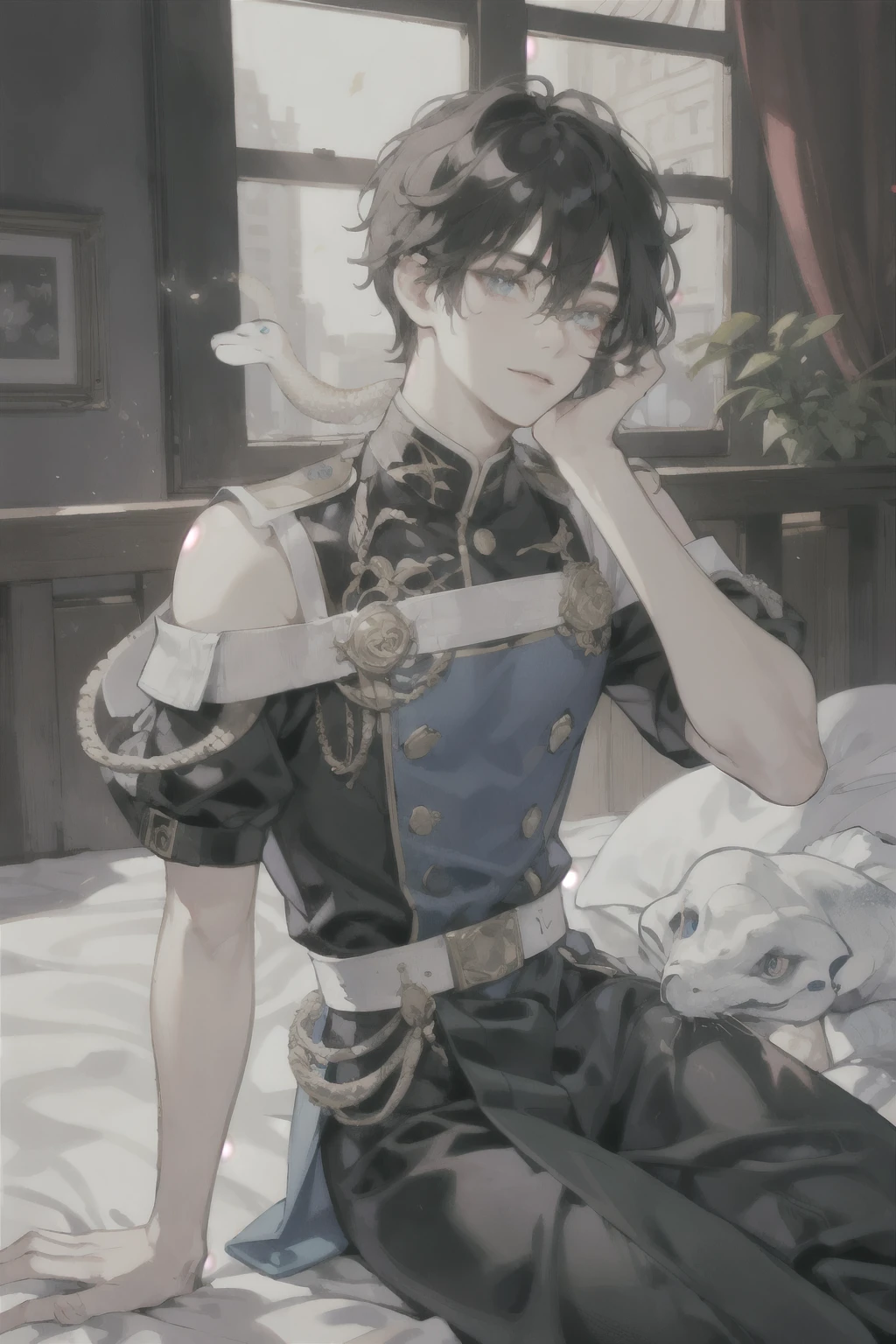 masterpiece, best quality, ultra detailed, (solo man), (male focus), ((Oblong face)), ((Square jawline)), black hair, ((hairs between eyes)), ((shoulder length)), ((narrow blue eye)), fair skin, skinny body, beauty mark, {uniform, outfit, clothes}, Maid costume, (Giving an insincere smile:0.7), snfw, (entangled a big albino snake), spread legs on bed, (completely nude:0.5)