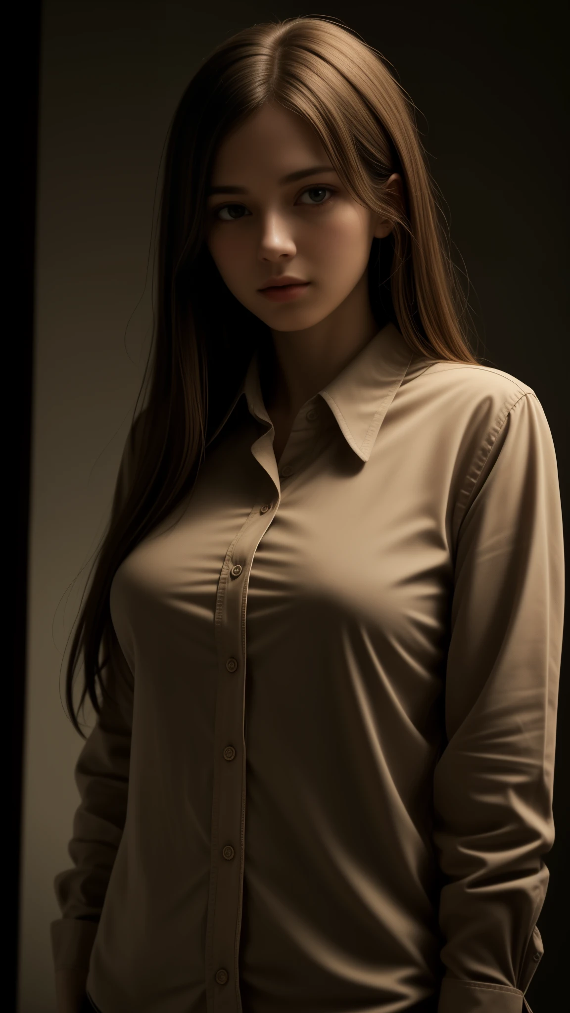 photorealistic, masterpiece, best quality, raw photo, 1girl, medium breasts, long hair, brown hair, collared shirt, looking at viewer, dynamic lighting, in the dark, deep shadow, low key, intricate detail, detailed skin, pore, highres, hdr