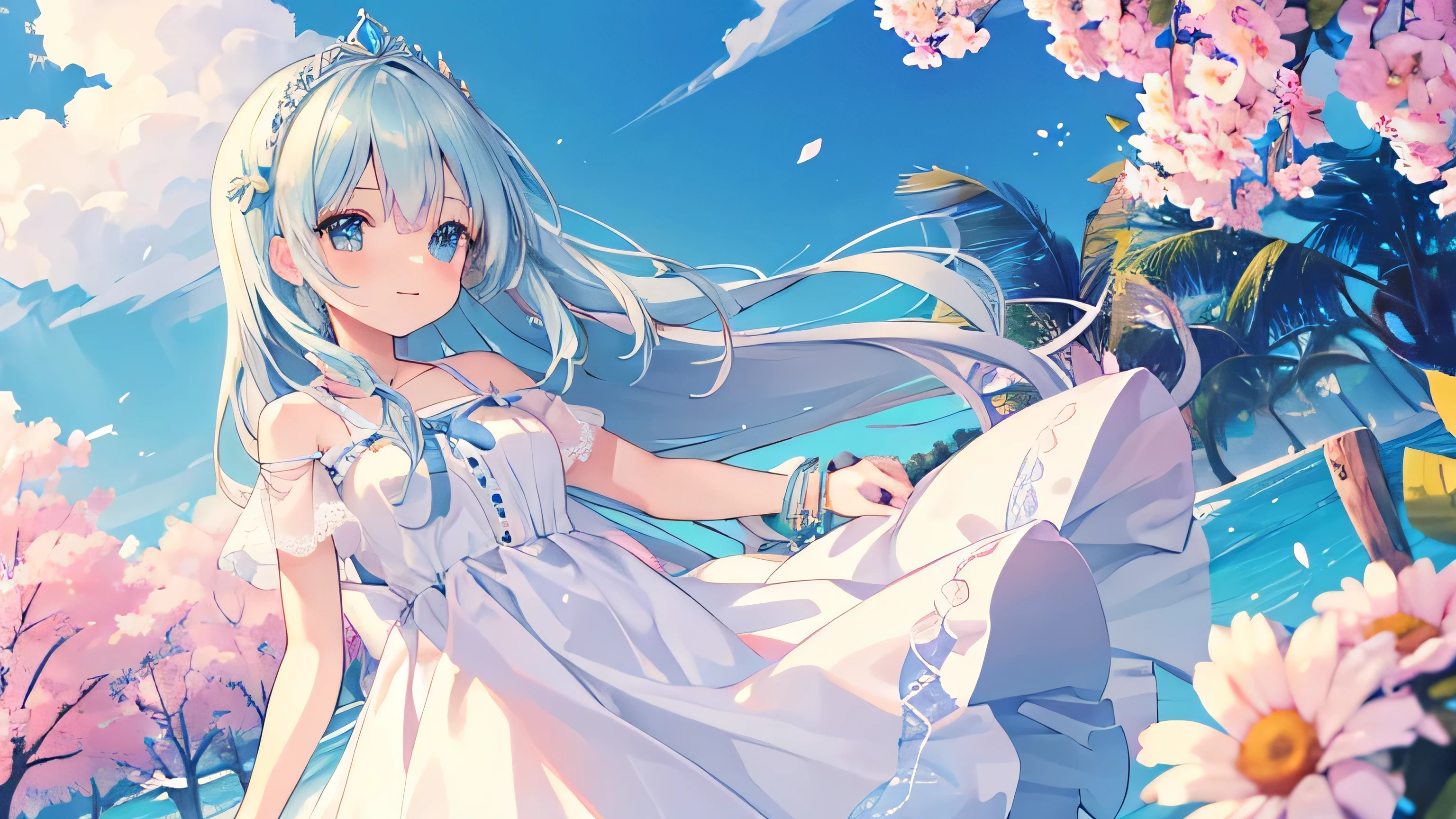 Crie uma imagem de uma garota fofa de anime. Ela deve ter cabelos longos e lisos, de cor rosa pastel, com olhos grandes e expressivos de cor azul. Your expression should be cheerful and friendly, com um leve sorriso. Dress her in a white sundress with lace details and a blue bow at the waist. Add accessories like a tiara with small white flowers and delicate bracelets on your wrists.. The setting should be a flowery park on a sunny day, with colorful flowers in the background and a light breeze that makes your hair and dress sway gently. A paleta de cores deve ser suave e alegre, com tons pastel predominantes.