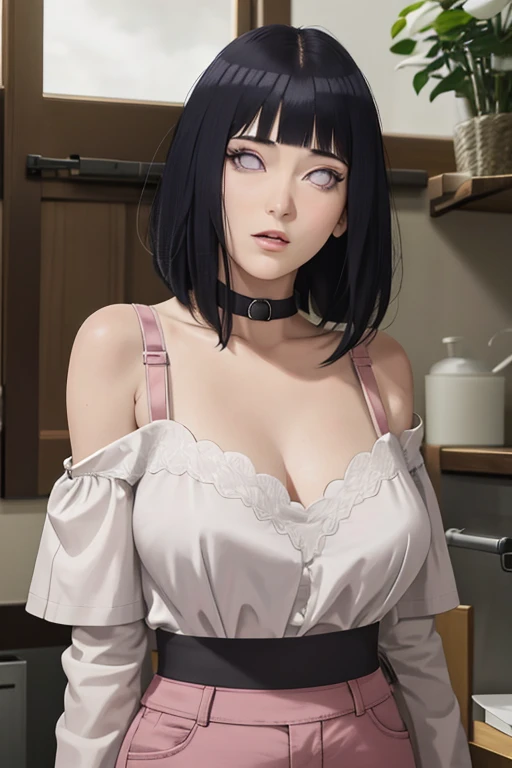 masterpiece, absurdres, hinata\(boruto\), 1girl, solo,mature female, off-shoulder strap bra, high waist short skirt, looking at viewer, perfect composition, detailed lips, big breast, beautiful face, body propotion, blush, (pink lips), long hair, purple eyes, soft gaze, super realistic, detailed, photoshoot, realistic face and body,