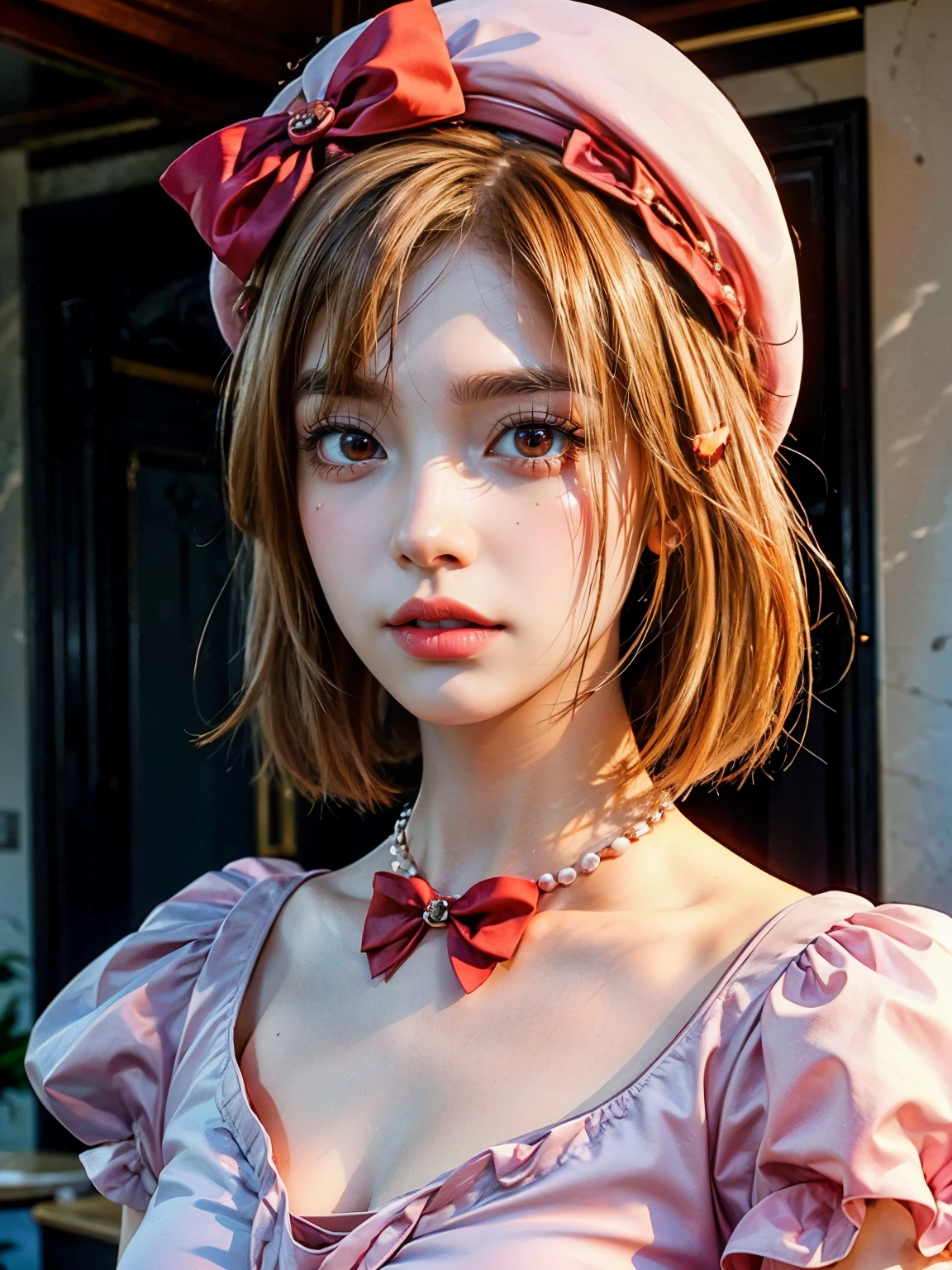 (1 lady), The beautiful, (Best quality at best:1.4), (ultra - detailed), (extremely detailed CG unified 16k), orange redhair, very detailed, High-definition RAW color photo, professional photoshooting, amazing face and eyes, cosmetics, (amazingly beautiful girl), ((lambdadelta, tall woman, taller)), ((dress, red bow, pink hat, necklace, gloves, pearl, pink dress)), standing, realistic cinematic face, photo portrait, upper body (shoulders to head), photorealistic, ((realistic natural orange redhair style, red eyes)), gorgeous, extremely beautiful face, perfect model beauty, pout mouth, flirting smile, cleavages, city girl, western, (masterpiece), best quality, high resolution, extremely detailed, blurred background, depth of field, cinematic lighting, clear and well-cared skin