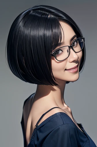 (masterpiece), (8k, best quality, high resolution), (ultra-detailed, realistic), (anatomically correct),
((from above)), ((look up and see the viewer)),
((face close-up)), (Standing), (((looking back))), (No background),
(1woman), (show your back),
(A Japanese woman, 30 years old and 155cm tall.),
(((Wear a navy blue tunic camisole))), ((A camisole without decoration.)),
(black hair), (straight hair), (short hair style), ((bob cut)),
(wear glasses), (black square cell glasses),
((smile broadly)),
(Her impression is pure, clean and kind.),