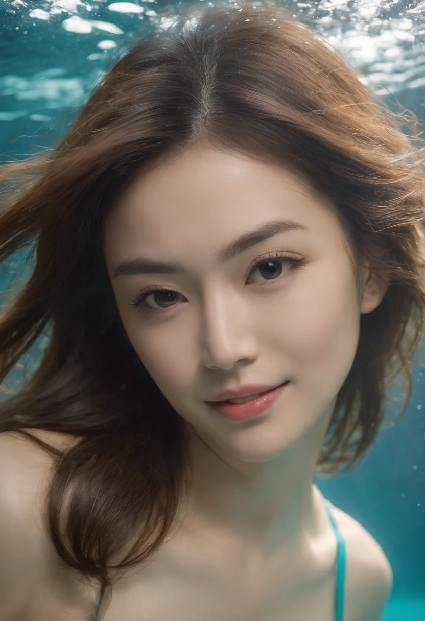 A cute and beautiful Japanese woman in her late twenties with semi-long hair and a voluptuous figure is diving underwater. She is facing the camera with a beaming smile, looking very stylish in a micro bikini. There are many beautiful tropical fish swimming around her.