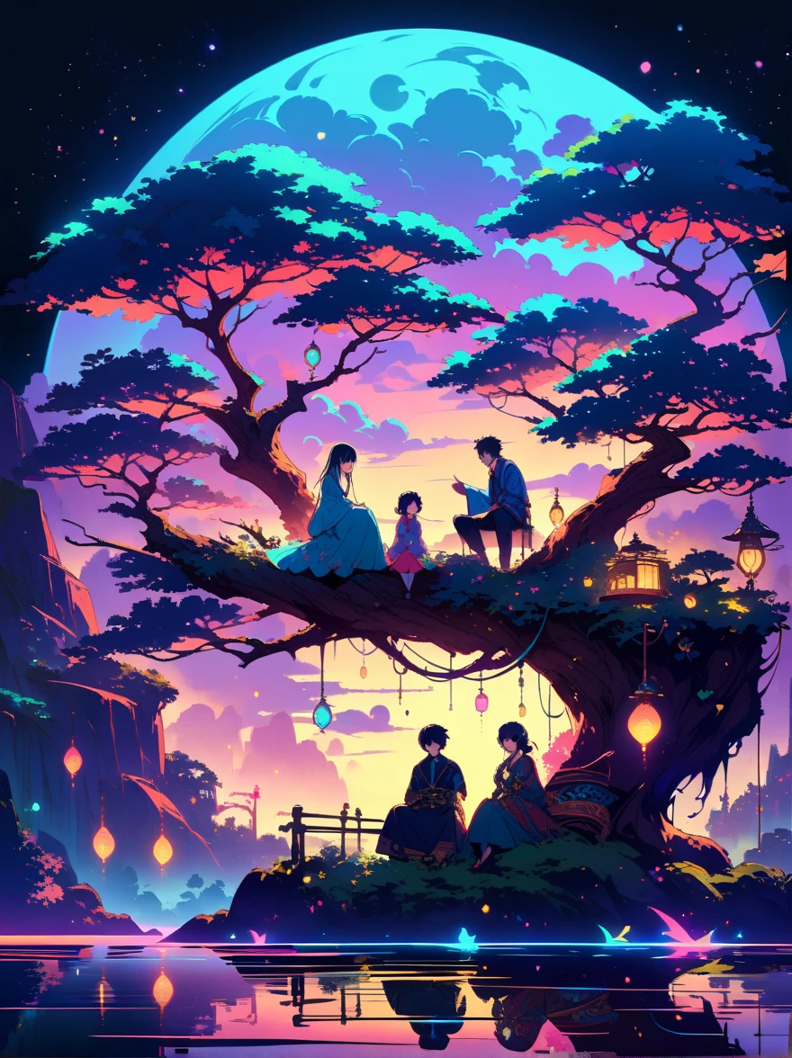 yinji，Romantic ancient style，night，Backlight，A man and a woman sitting on a tree branch，There is a full moon behind，Fresh colors，Soft colors，Diode lamp，Concept art style，Extremely complex details，Clear distinction between light and dark，Structured，Ultra HD, 1yj1