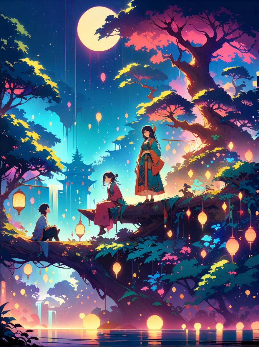 yinji，Romantic ancient style，night，Backlight，A man and a woman sitting on a tree branch，There is a full moon behind，Fresh colors，Soft colors，Diode lamp，Concept art style，Extremely complex details，Clear distinction between light and dark，Structured，Ultra HD, 1yj1