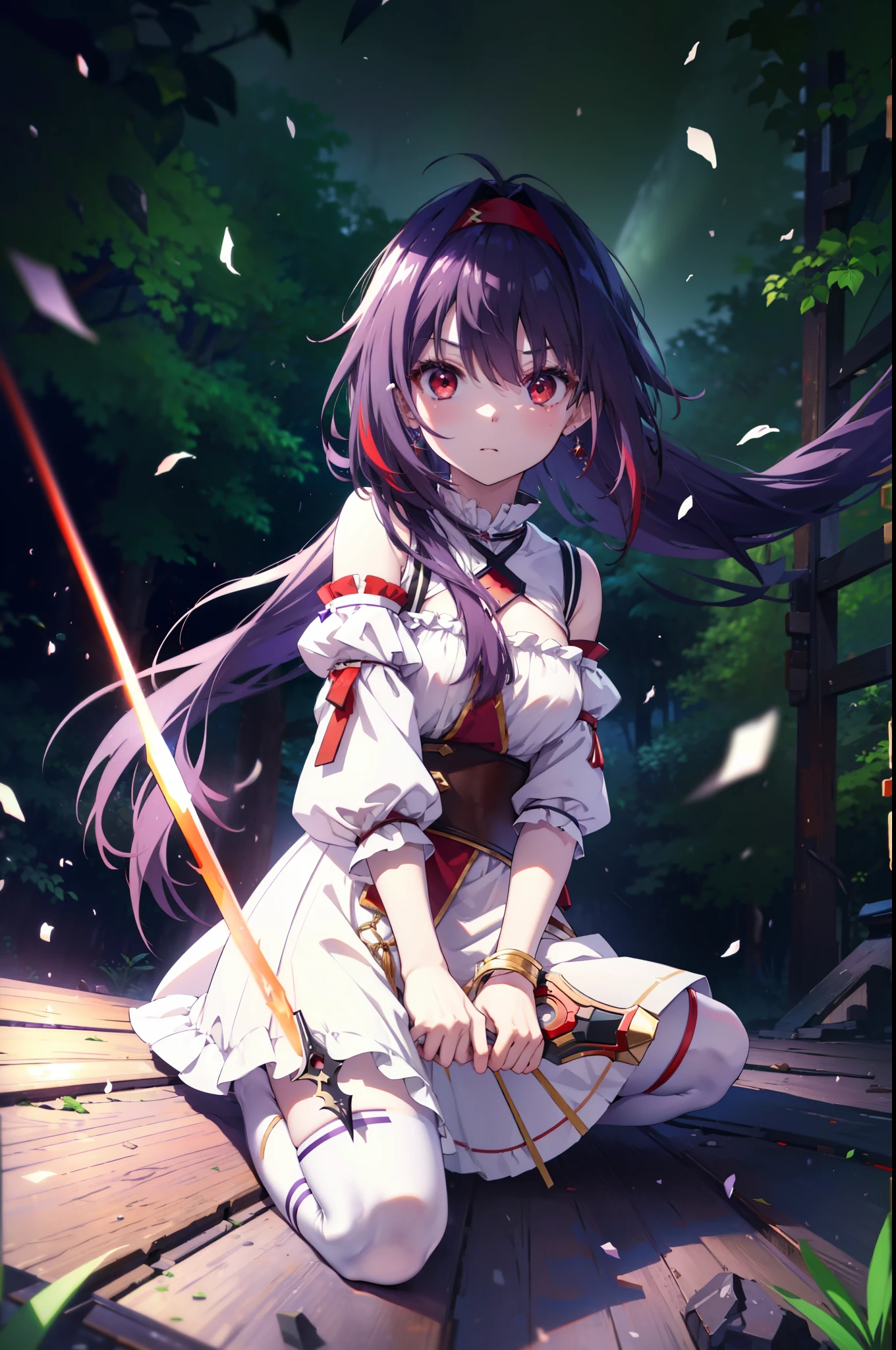 yuukikonno, Yuki Konno, hair band, Long Hair, Pointed Ears, Purple Hair, (Red eyes:1.5), (Small breasts:1.2), Serious face,Grasp the hilt of the sword with your left hand,
break white Knee socks, Removed sleeve, Knee socks, dress, white dress, armor　breastplate, purple armor,
break looking at viewer, Upper Body, whole body,
break outdoors, forest, nature,
break (masterpiece:1.2), highest quality, High resolution, unity 8k wallpaper, (shape:0.8), (Beautiful and beautiful eyes:1.6), Highly detailed face, Perfect lighting, Highly detailed CG, (Perfect hands, Perfect Anatomy),