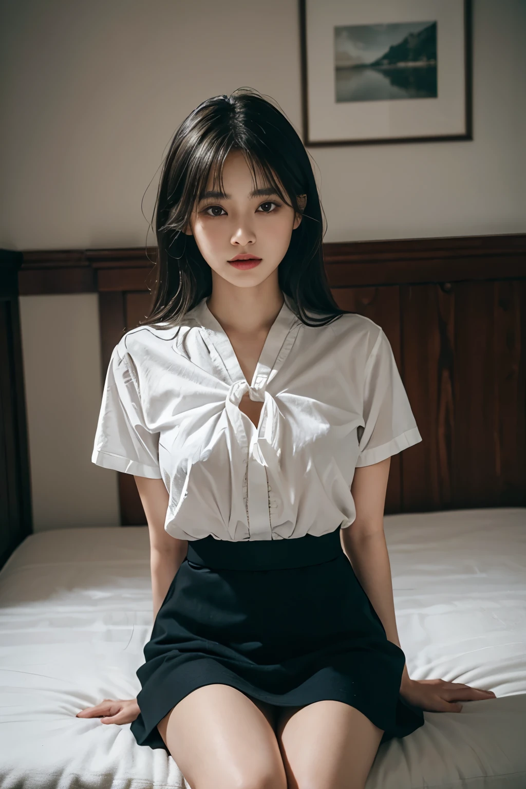 8k, Raw photo, highest quality, masterpiece:1.2), masterpiece, highest quality, figure, Very detailed, Fine details, High resolution, 8k,wallpaper, Perfect dynamic composition,(Detailed high quality, Realistic depiction of eyes:1.3)、A woman who has been and has her hands tied、(Arms wrapped around his back)、Sitting with legs spread apart on a chair in a room、White panties are visible、Facing forward、21talent、Beauty、Well-formed face、Make your eyes even、Beautiful black hair、Has bangedium build、Well-balanced proportions、Beautiful legs、Short sleeve blouse、Long skirt、Crying face、