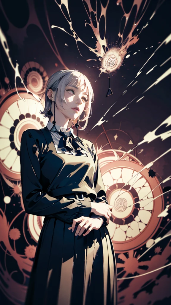 (Realisticity: 1.2), Best quality, 1girll, offcial art, Unity 8k wallpaper, Ultra detailed, Beautiful and aesthetic, Masterpiece, Best quality, (zentangle, mandalas, Tangled, entangle), (Fractal art:1.3) , 1girll, Extremely detailed, Dynamic Angle, cow boy shot, The most beautiful form of chaos, elegant, Fauvistdesign, vivd colour, romanticism lain, author：James Jean, roby dwi antono, ross tran, Francis Bacon, Michal Mraz, adrian ghenie, petra cortright, Gerhard Richter, Takato Yamamoto, Ashley Wood, Atmospheric, ecstasy of musical notes, streaming musical notes visible