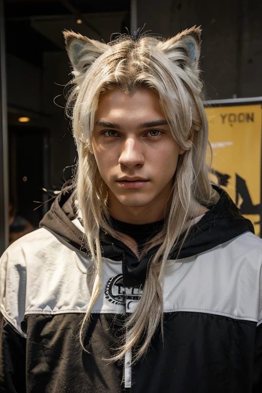 20 year old young male,long white messy hair,Wolf ears grow out of head,Yellow eyes,Cold and sharp eyes,black clothing,top quality,A wolf's tail grows from behind,Overall, it’s a comic character style