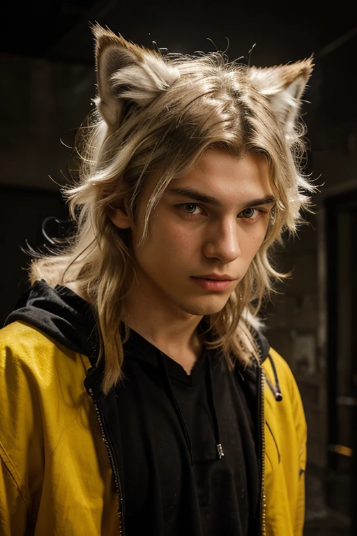 20 year old young male,long white messy hair,Wolf ears grow out of head,Yellow eyes,Cold and sharp eyes,black clothing,top quality,A wolf's tail grows from behind,Overall, it’s a comic character style