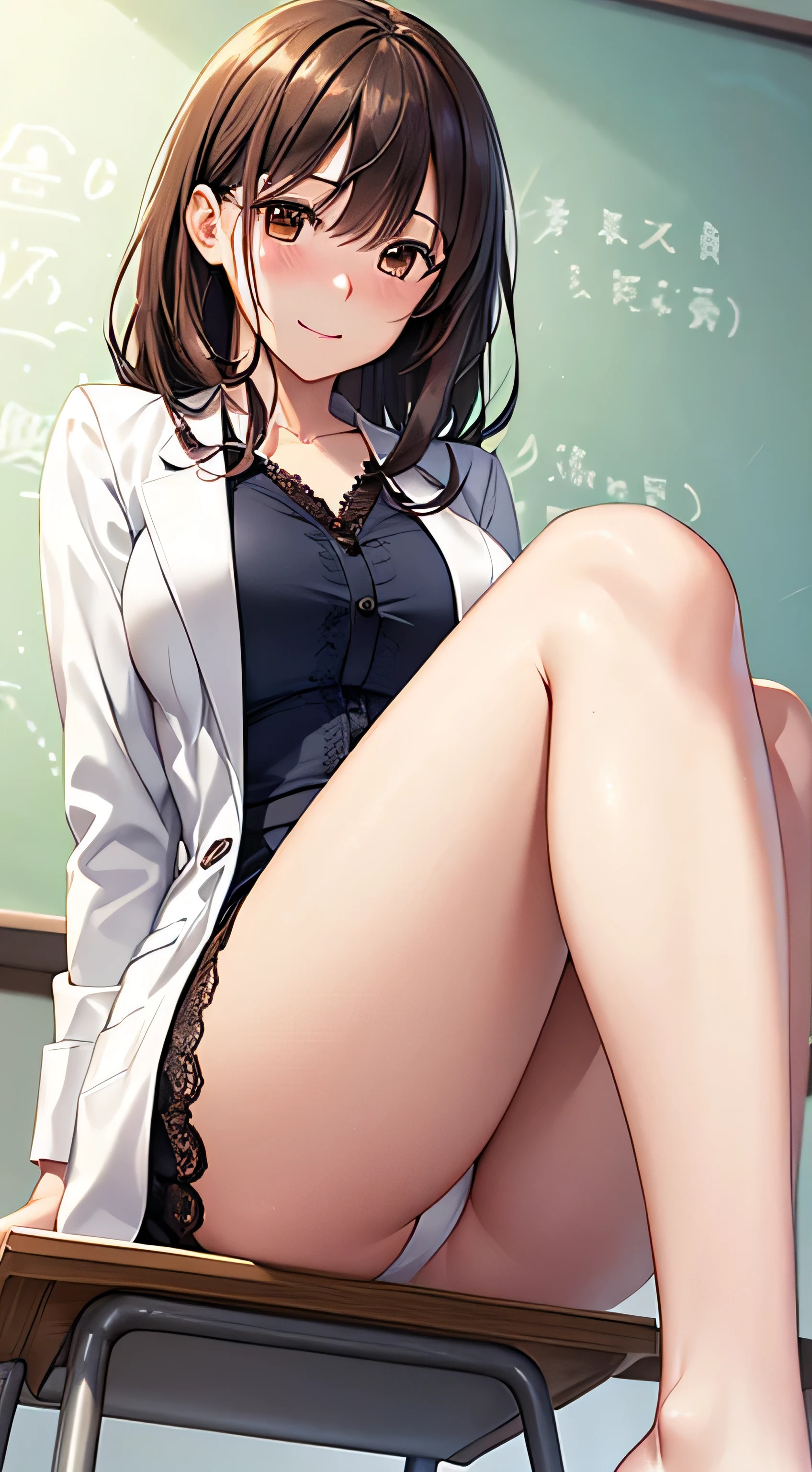 ((Tabletop, highest quality, High resolution, , Pixel perfect, 4K,))), 1 female teacher, single, alone, beauty、The whole body is visible、 ((Mid-wave hair, bangs, Brown Hair)), ((Brown eyes, Beautiful eyelashes, Realistic eyes)), ((Detailed face, Blushing:1.2)), ((Smooth texture:0.75, Realistic texture:0.65, Realistic:1.1, Anime CG Style)), Mid-chest, Dynamic Angle, Perfect body, (( , , Braless female doctor in a white coat、、, 、))、、Very embarrassing panic smile, 、Black flared skirt、classroom、Sit on a chair、、、(Showing off her blue floral lace panties、Spread your legs)、Angle from below)、
