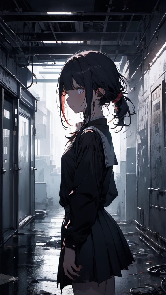 masterpiece, highest quality, High resolution, One girl, alone, bangs,Female student，Broken video，School corridor，Scary atmosphere，depth of field lighting，color，naked，spooky，earthy，Deep dark background，Complex background，Rich details，High resolution，masterpiece，Storytelling Images，
