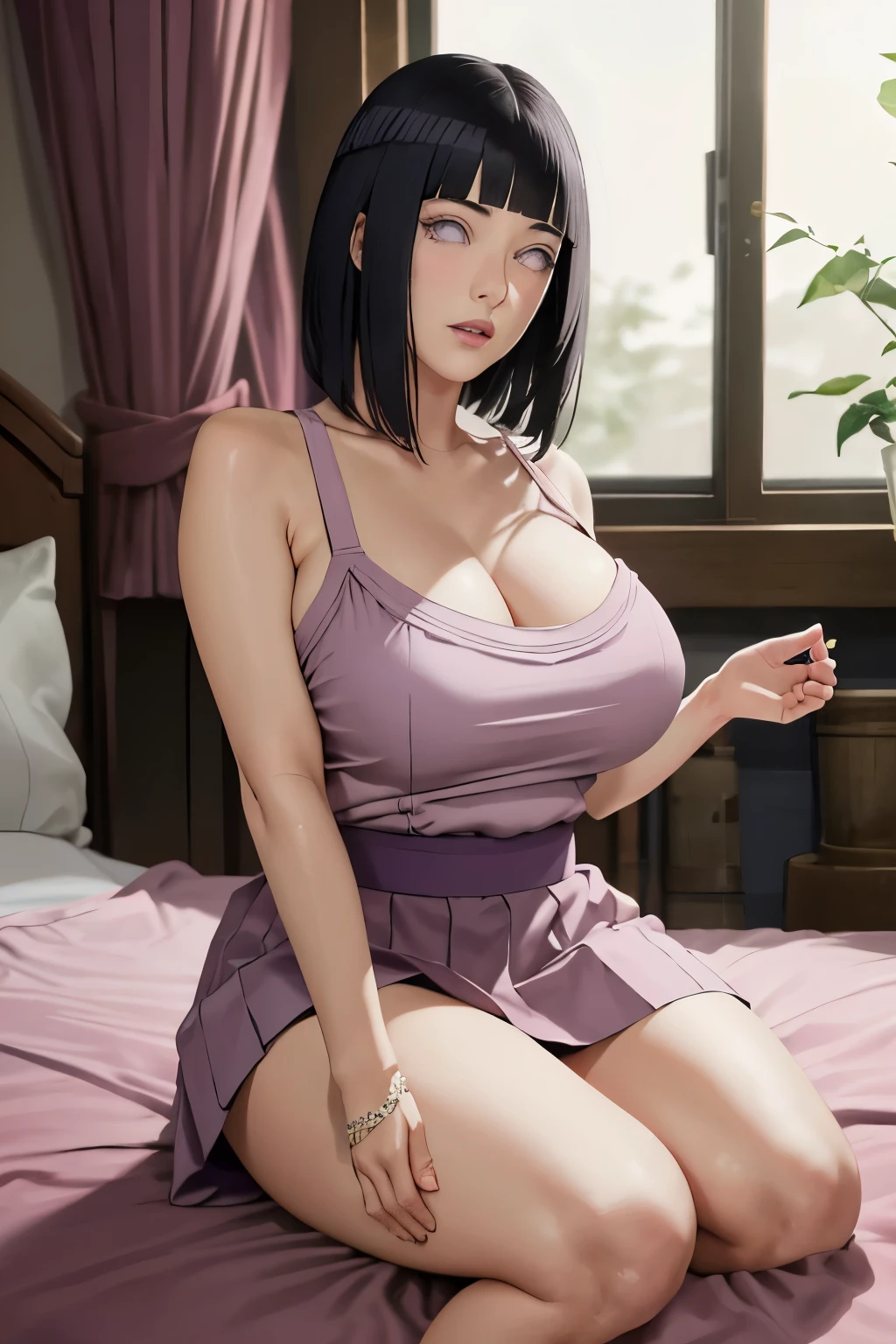 masterpiece, absurdres, hinata\(boruto\), 1girl, solo,mature female, high waist short skirt, looking at viewer, perfect composition, detailed lips, big breast, beautiful face, body propotion, blush, (pink lips), long hair,  purple eyes,  soft gaze,  super realistic, detailed, photoshoot, realistic face and body,