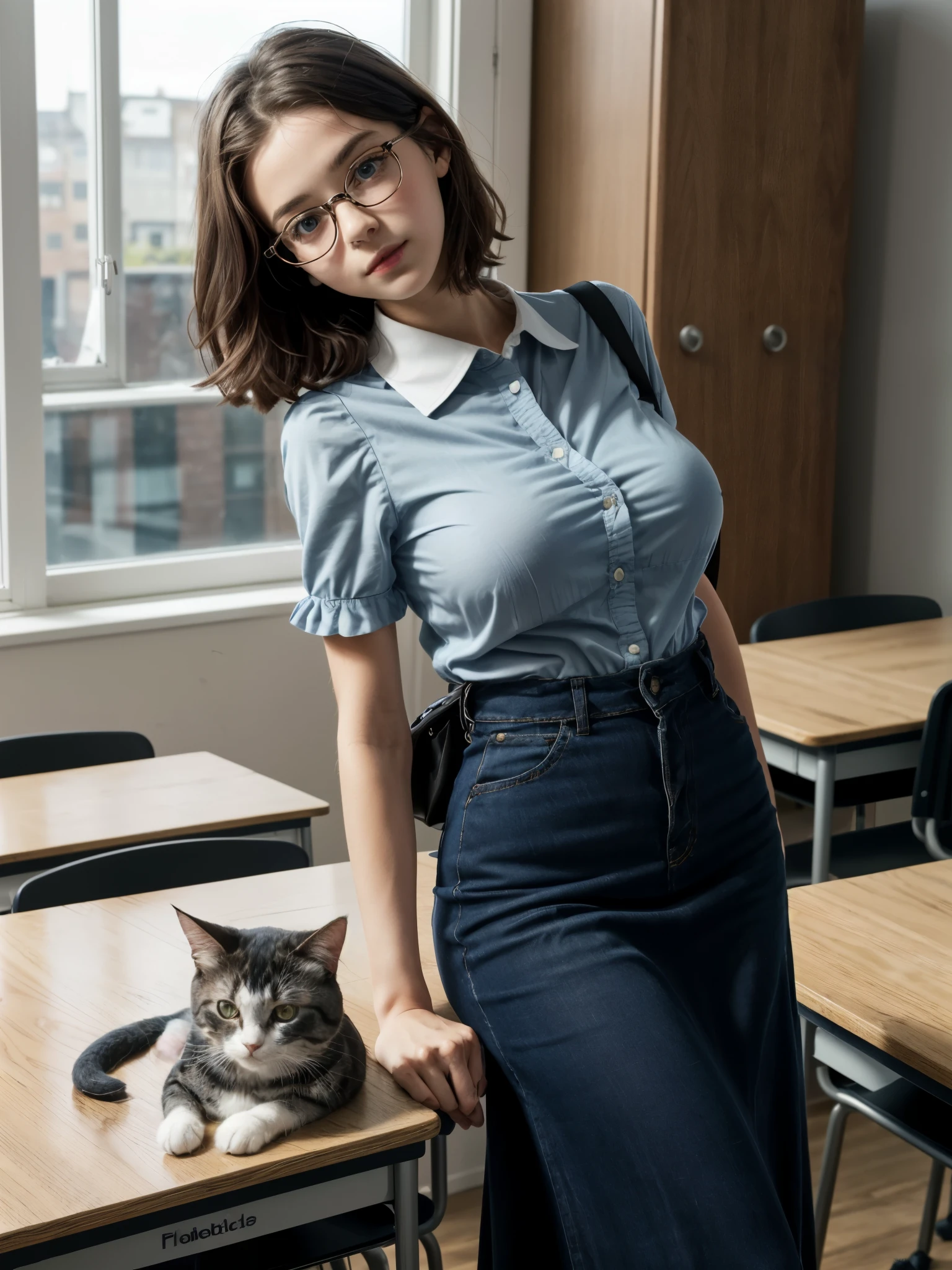 1girl, standing, in classroom, detailed face, short sleeve blouse, long skirt, looking at viewer, head tilt, glasses, cupboard, leaning on desk, shoulder bag, high ruffle collar, cute adorable cat in background, gigantic breasts, (****, cute:1.3), 