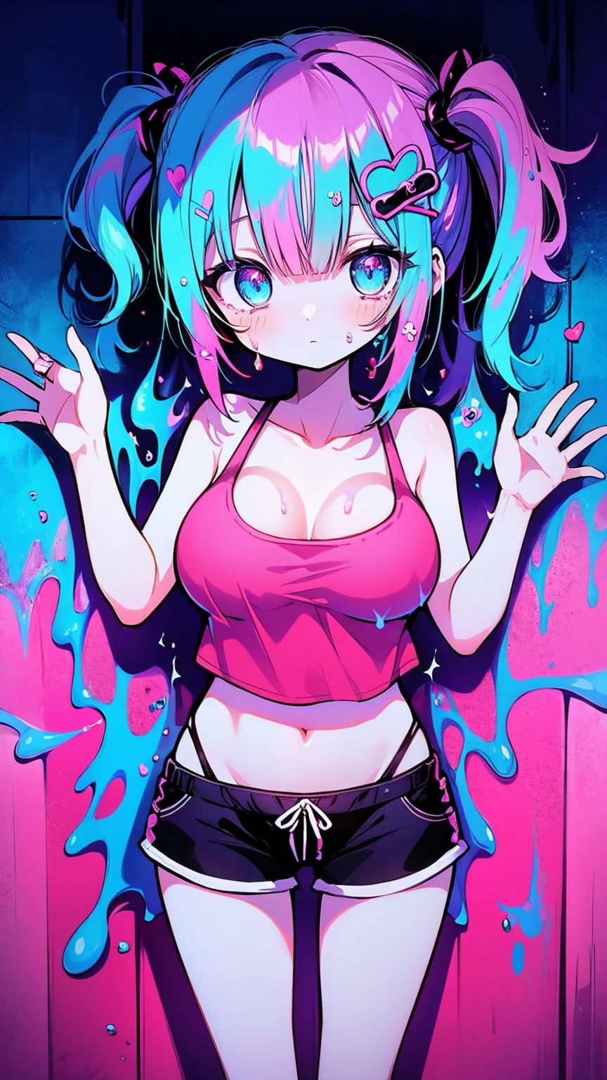 (Paint splashes),colorful color of the glow,lamplight,the girl,Look at the camera,Slime Girl,Flowing tank top shorts,Against the wall,big round eyes,Cutes,