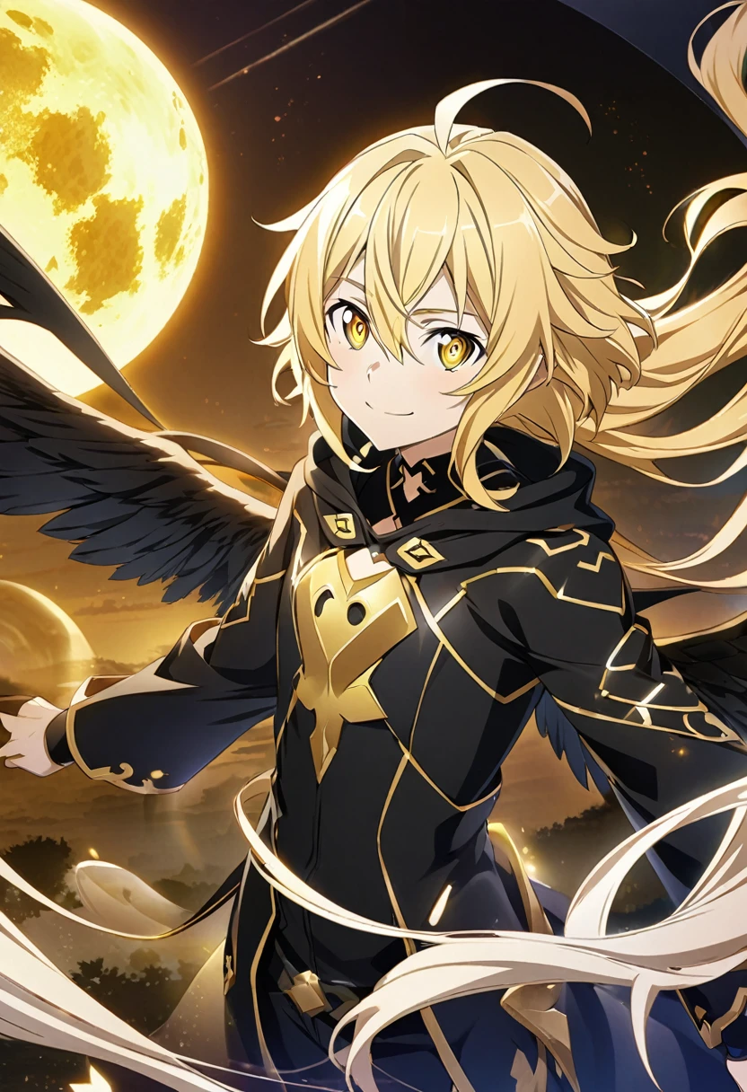 Hyakuya Mikaela \(Sword Art Online\), golden hair, glowing gold eyes:1.2, male, black angel costume, bangs, gentle smile, black fallen angel wings, ((ultra-detailed)), ((illustration)), ((flowing hair)), (beautiful detailed eyes), male, 1boy, flying, ((gold moon)), looking at viewer