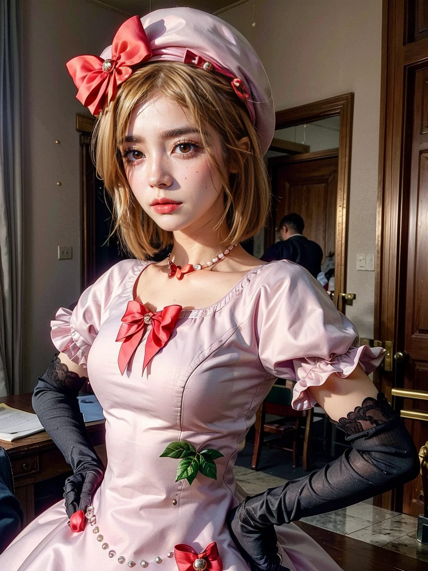 (1 lady), The beautiful, (Best quality at best:1.4), (ultra - detailed), (extremely detailed CG unified 16k), orange redhair, very detailed, High-definition RAW color photo, professional photoshooting, amazing face and eyes, cosmetics, (amazingly beautiful girl), ((lambdadelta, tall woman, taller)), ((dress, red bow, pink hat, necklace, gloves, pearl, pink dress)), standing, realistic cinematic face, photo portrait, upper body (shoulders to head), photorealistic, ((realistic natural orange redhair style, red eyes)), gorgeous, extremely beautiful face, perfect model beauty, pout mouth, flirting smile, cleavages, city girl, western, (masterpiece), best quality, high resolution, extremely detailed, blurred background, depth of field, cinematic lighting, clear and well-cared skin