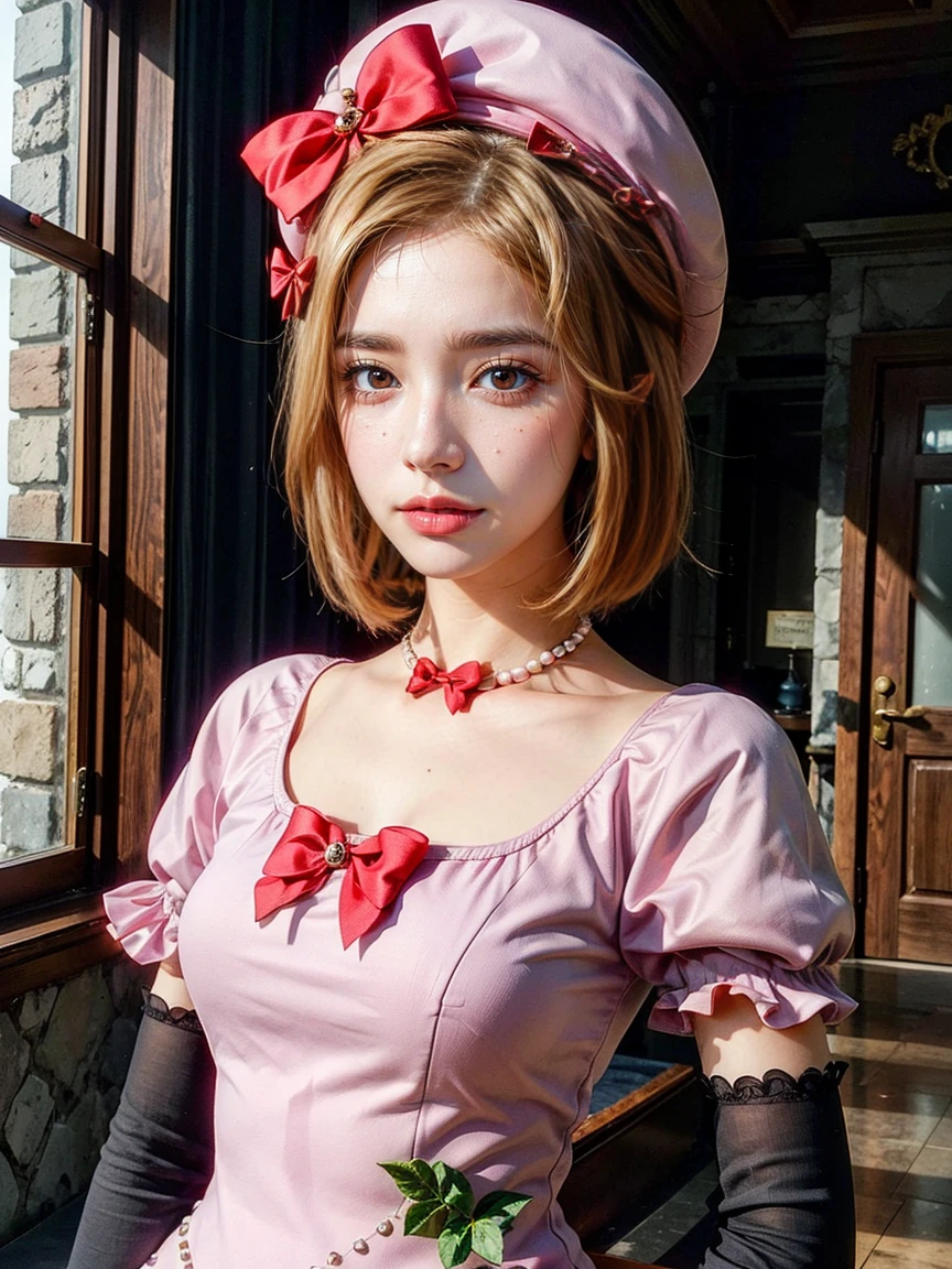(1 lady), The beautiful, (Best quality at best:1.4), (ultra - detailed), (extremely detailed CG unified 16k), orange redhair, very detailed, High-definition RAW color photo, professional photoshooting, amazing face and eyes, cosmetics, (amazingly beautiful girl), ((lambdadelta, tall woman, taller)), ((dress, red bow, pink hat, necklace, gloves, pearl, pink dress)), standing, realistic cinematic face, photo portrait, upper body (shoulders to head), photorealistic, ((realistic natural orange redhair style, red eyes)), gorgeous, extremely beautiful face, perfect model beauty, pout mouth, flirting smile, cleavages, city girl, western, (masterpiece), best quality, high resolution, extremely detailed, blurred background, depth of field, cinematic lighting, clear and well-cared skin
