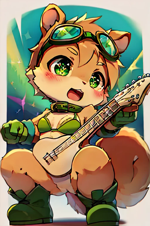 boy, squirrel, furry, bodyfur, tail, green goggles, green collar, green bra, bottomless, green gloves, green boots, chibi, sparkling eyes, from below, cute, playing the guitar, singing