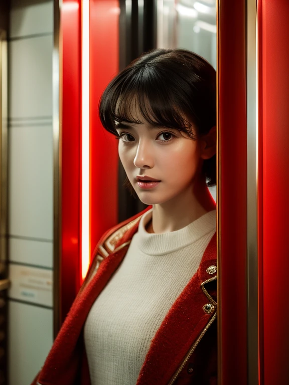 (masterpiece:1.3), (8K, Photorealsitic, Raw photography, top-quality: 1.4), (1girl in), (A pretty woman with slim figure:1.4), enigmatic beauty, stunning face, beautiful countenance, (Lifelike face), Beautiful hairstyle, Black hair, Long hair, Wavy hairstyle, realisticeyes, beautiful detail, (real looking skin), Beautiful skins, enticing, The ultra -The high-definition, A hyper-realistic, ighly detailed. Stepping out elevator:3, is walking: 2. (Red long woolen coat #(G: 30, R: 255, B: 30): 1.4), (White-dress #FFFFF): 1.2), (Red high heel #(G: 30 R: 255, B: 30): 1.7), (Red long woolen coat #(G: 30, R: 255, B: 30): 1.4). Background: (the elevator hall has skin-tone marble wall #(G: 218, R: 255, B: 182): 1.3), inside the elevator is warm light