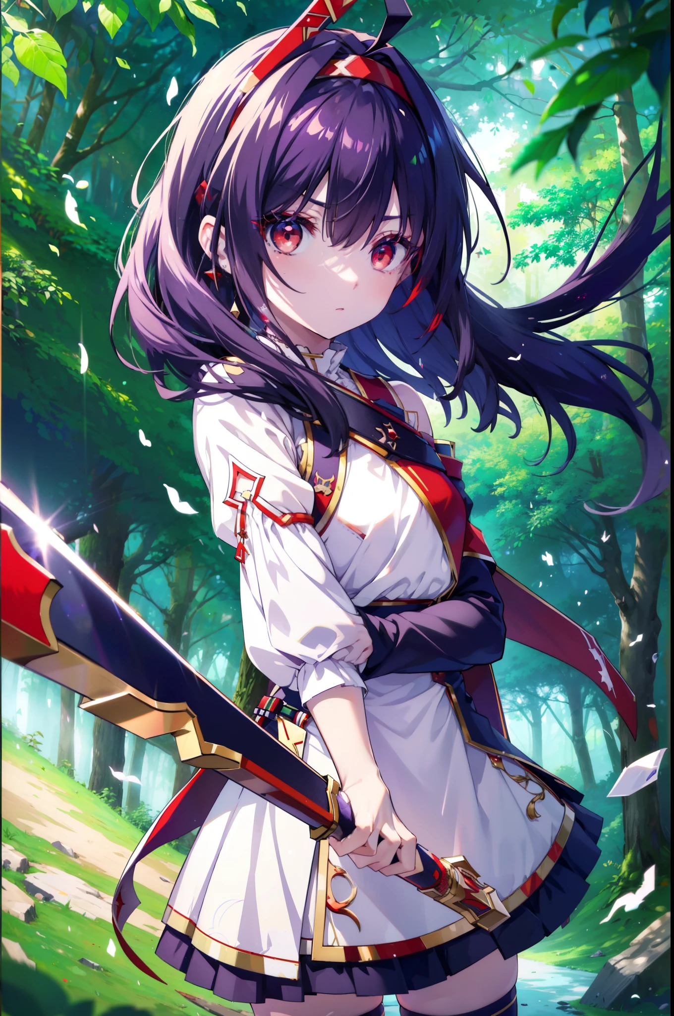 yuukikonno, Yuki Konno, hair band, Long Hair, Pointed Ears, Purple Hair, (Red eyes:1.5), (Small breasts:1.2), Serious face,Grasp the hilt of the sword with your left hand,
break white Knee socks, Removed sleeve, Knee socks, dress, white dress, armor　breastplate, purple armor,
break looking at viewer, Upper Body, whole body,
break outdoors, forest, nature,
break (masterpiece:1.2), highest quality, High resolution, unity 8k wallpaper, (shape:0.8), (Beautiful and beautiful eyes:1.6), Highly detailed face, Perfect lighting, Highly detailed CG, (Perfect hands, Perfect Anatomy),