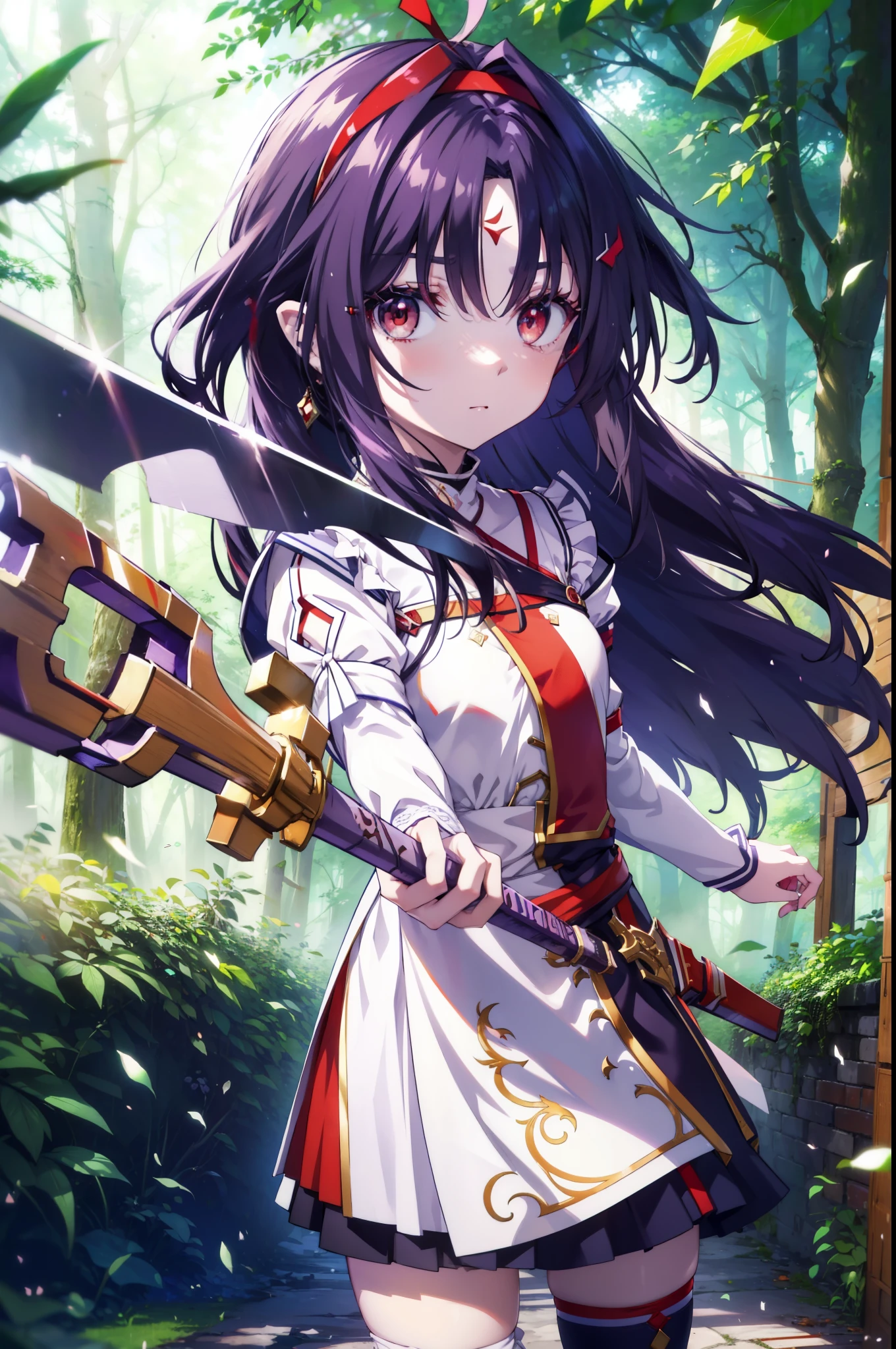 yuukikonno, Yuki Konno, hair band, Long Hair, Pointed Ears, Purple Hair, (Red eyes:1.5), (Small breasts:1.2), Serious face,Grasp the hilt of the sword with your left hand,
break white Knee socks, Removed sleeve, Knee socks, dress, white dress, armor　breastplate, purple armor,
break looking at viewer, Upper Body, whole body,
break outdoors, forest, nature,
break (masterpiece:1.2), highest quality, High resolution, unity 8k wallpaper, (shape:0.8), (Beautiful and beautiful eyes:1.6), Highly detailed face, Perfect lighting, Highly detailed CG, (Perfect hands, Perfect Anatomy),