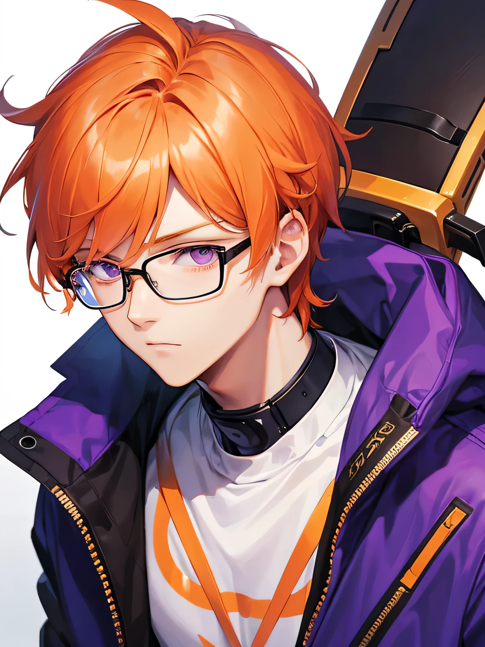 A close up person in jacket, best quality illustration of an orange-haired male character with a Korean hairstyle, purple eyes, and glasses. His personality is INTJ and he is interested in technology.