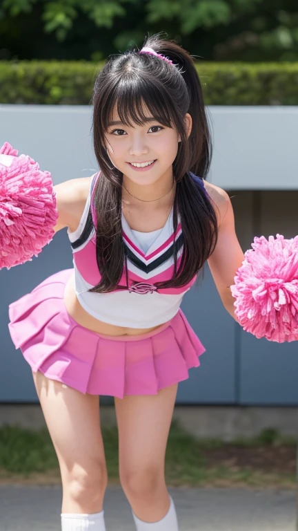 (Masami Nagasawa　Jumping High Kick),(White and pink horizontal striped panties),(Shooting from below),Cheerleader open thighs,Covered nipples,
1 girl, solo, Cheerleader, Perfect hands, Open your mouth, smile, Long Hair, blush, Brown Hair, ponytail, belt, (Fox&#39;s Tail), (Fox Ears), belly button,Crop top, Blue Skirt, Pleated skirt, abdomen , Removable sleeves, Elbow hand pockets, View your viewers, Outdoor, Stadium, Blurred Background,blue sky,