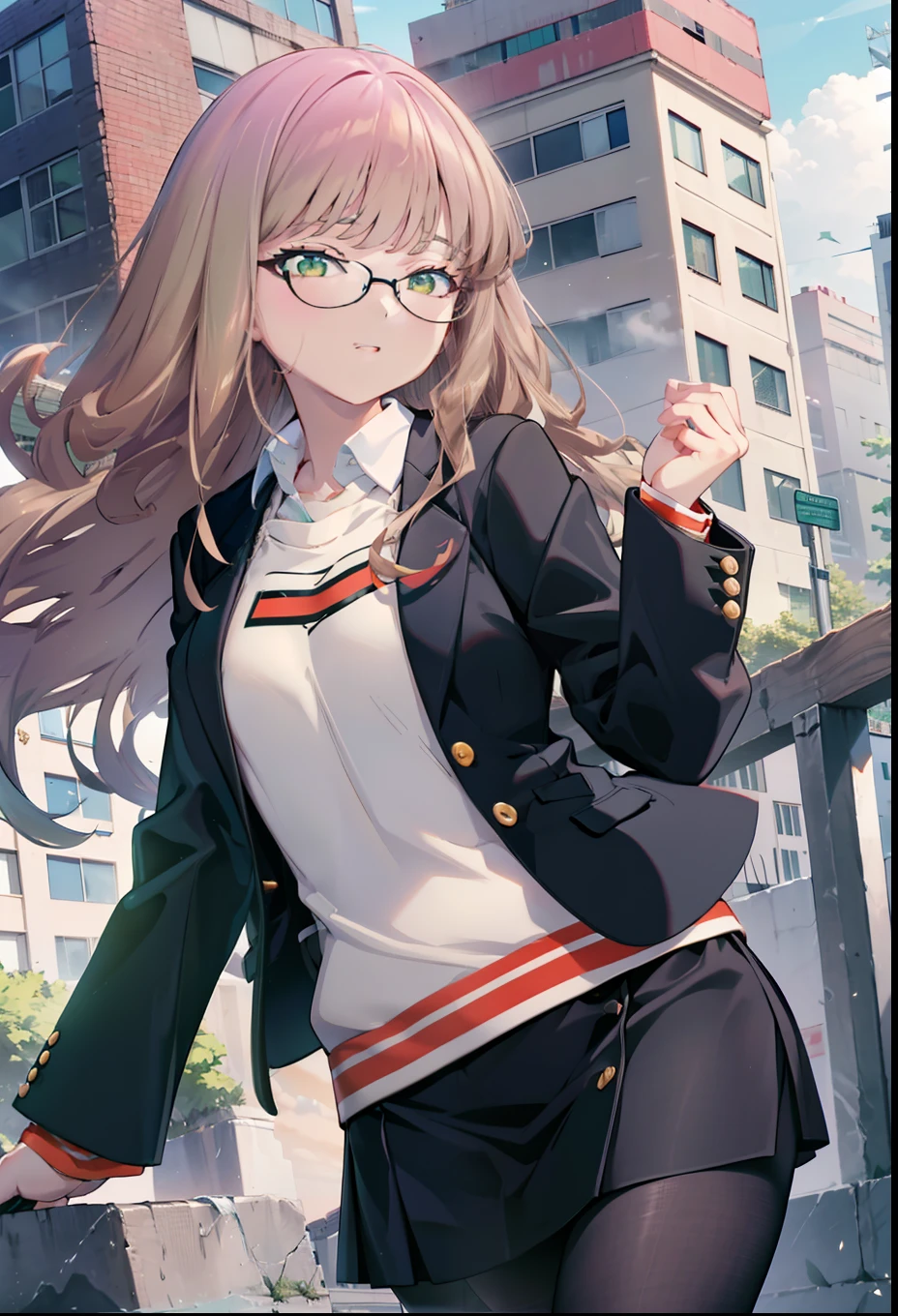 minami yume ,sss Dynazenon ,Long Hair, Brown Hair, (Green Eyes:1.5) ,Mid-chest,hair band,happy smile, smile, Open your mouth,OL, Black-rimmed glasses, end, Black suit jacket, Collared jacket, White dress shirt, Collared shirt, Neckline, button,  Black pencil skirt, Black Pantyhose,Stiletto heels,morning,morning陽,The sun is rising,As if your whole body is in the illustration,
break looking at viewer, (Cowboy Shot:1. 5)
break outdoors, city,construction area,
break (masterpiece:1.2), highest quality, High resolution, unity 8k wallpaper, (shape:0.8), (Fine and beautiful eyes:1.6), Highly detailed face, Perfect lighting, Highly detailed CG, (Perfect hands, Perfect Anatomy),