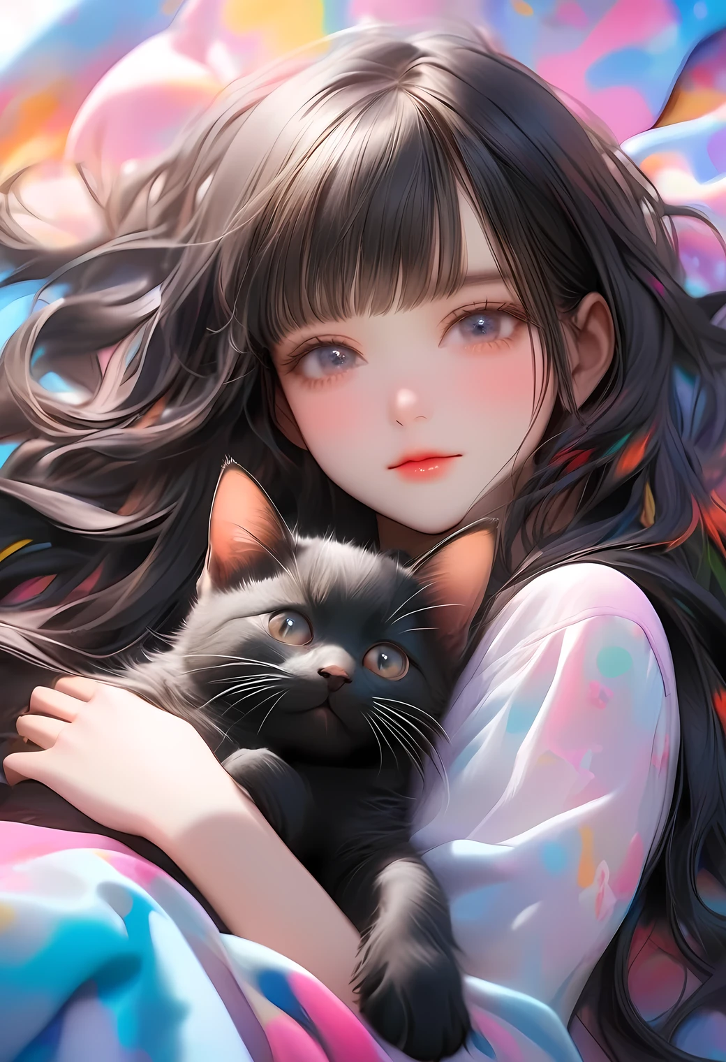 raw photo, cute girl, perfect beauty, flowy jet black long straight hair, blunt bangs, lying, holding kitten, vibrant colors, face up focus:1.2